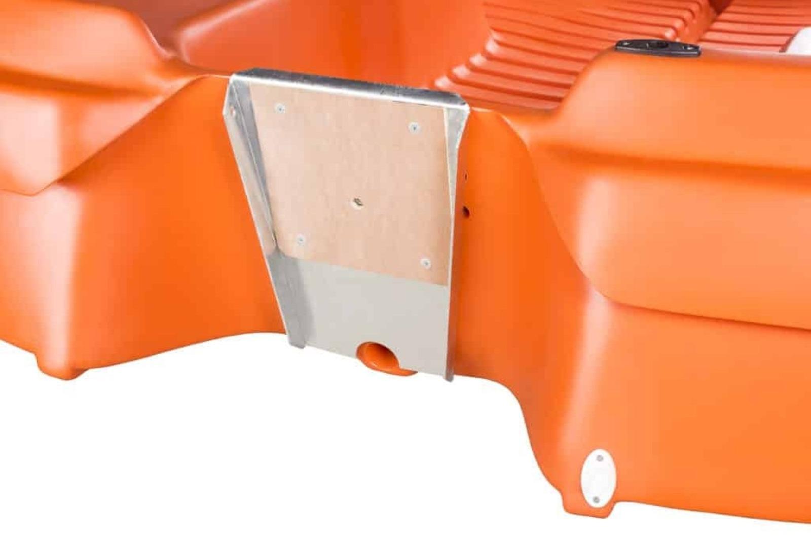 Orange Rigiflex Newmatic 360 boat detail, 2026 model, featuring sturdy construction.