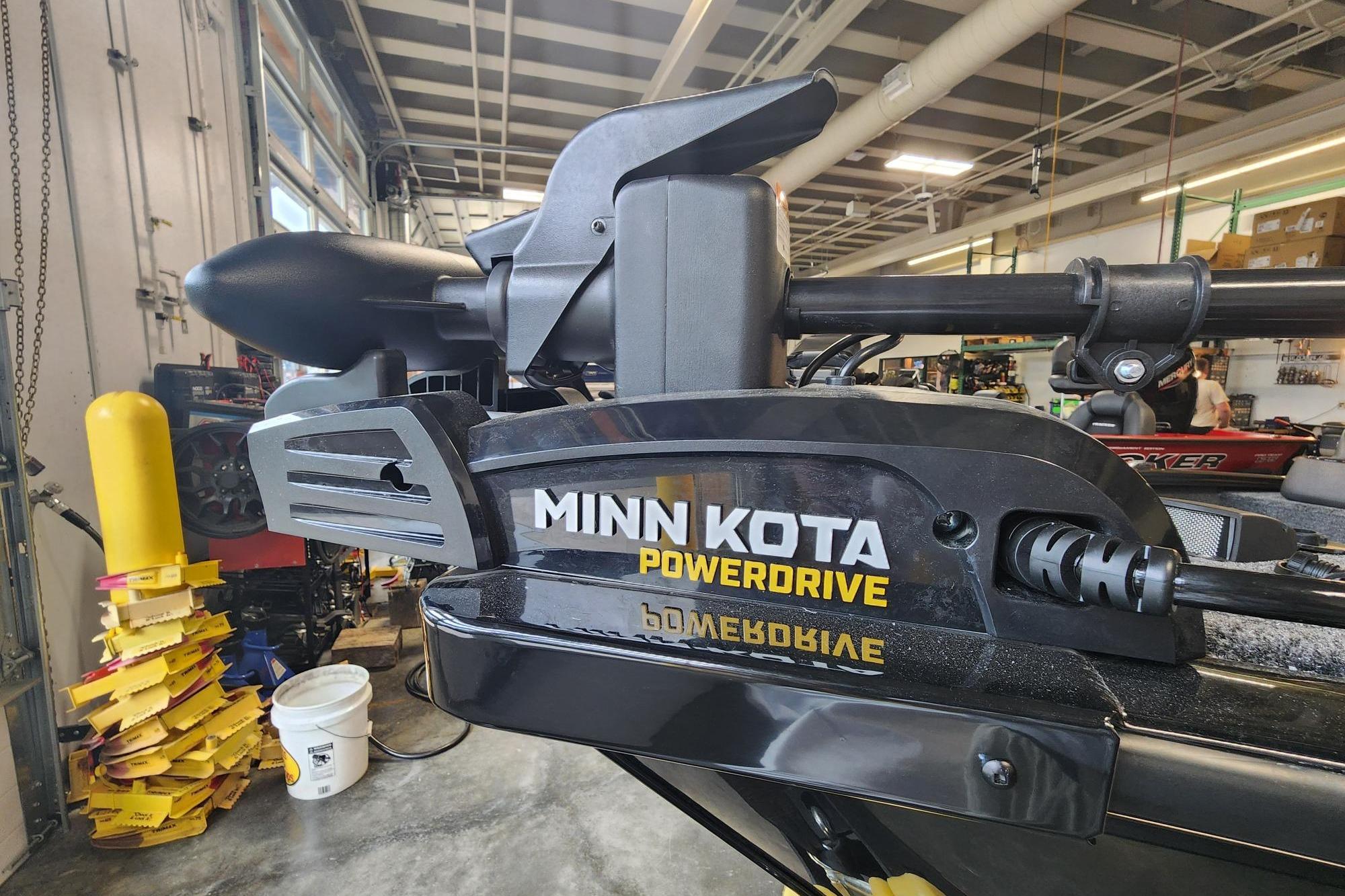 Minn Kota PowerDrive motor on 2026 Tracker Super Guide V-16 SC in workshop.