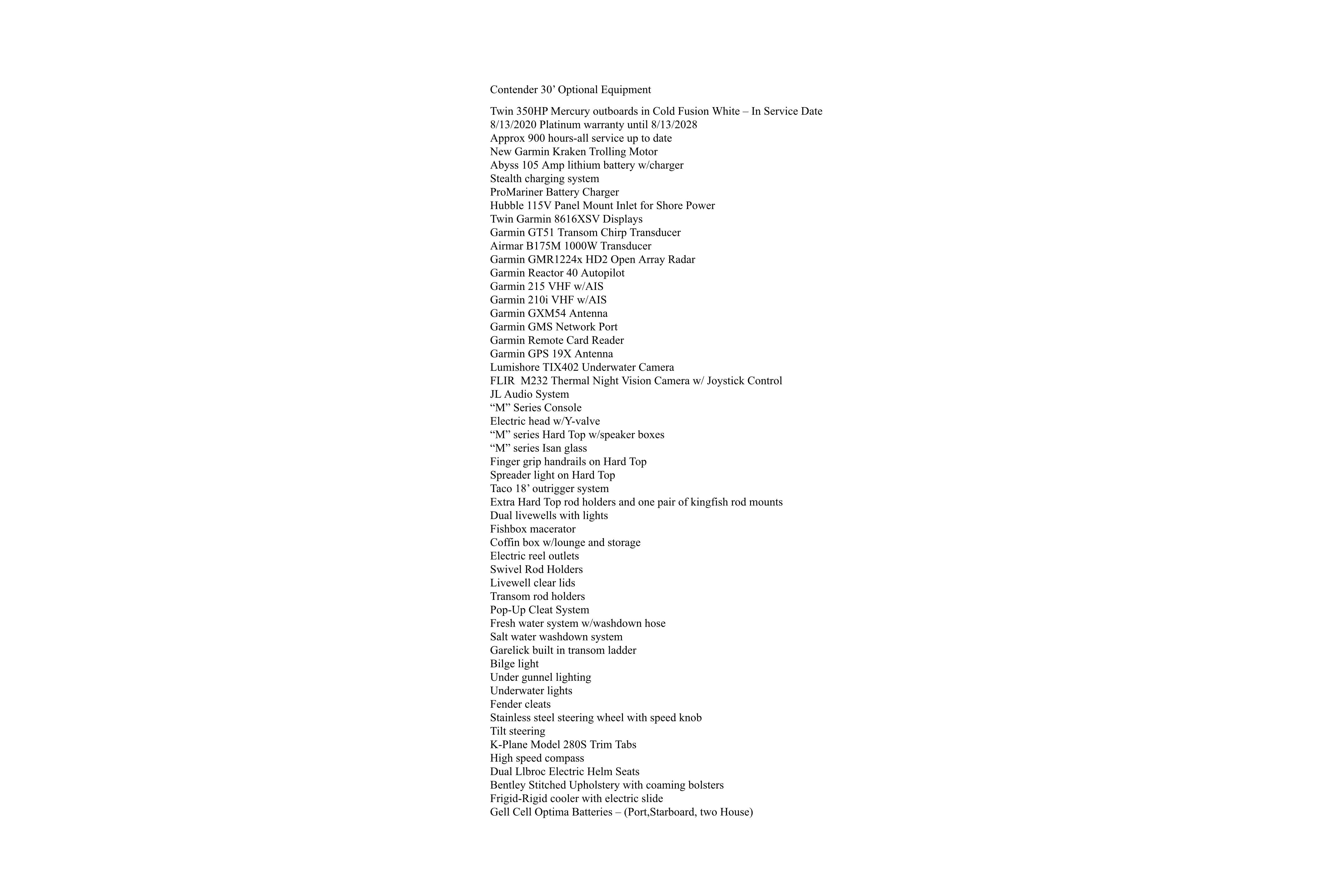 Image of a Contender 30 ST 2019 model with detailed optional equipment list.