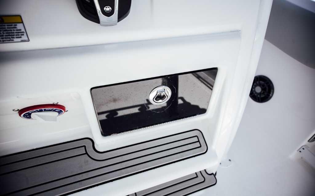 2021 Sea Fox 248 Commander boat interior detail with control panel and speaker.