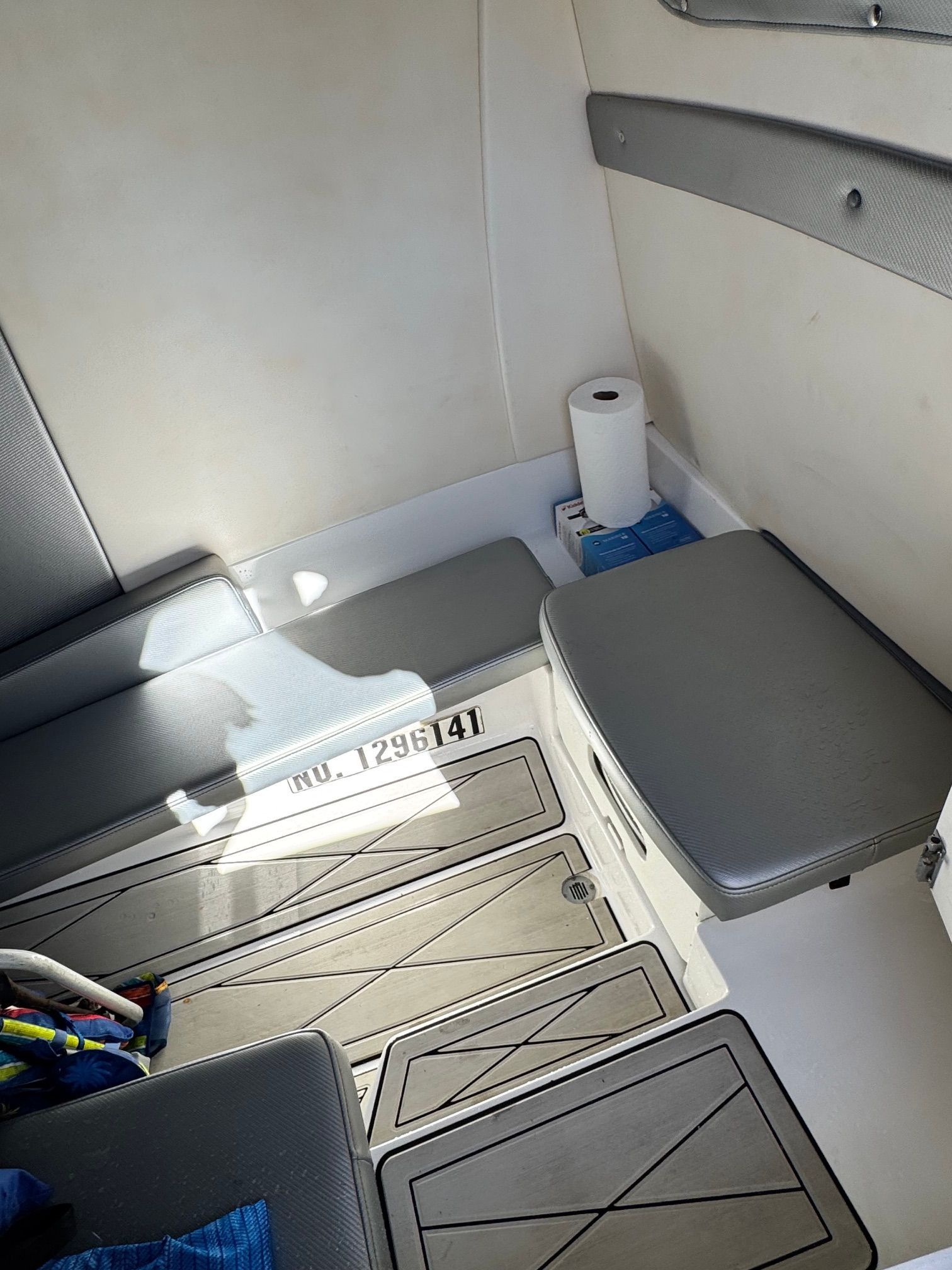 Interior of a 2017 Sunsation 32 CCX boat with seating area.