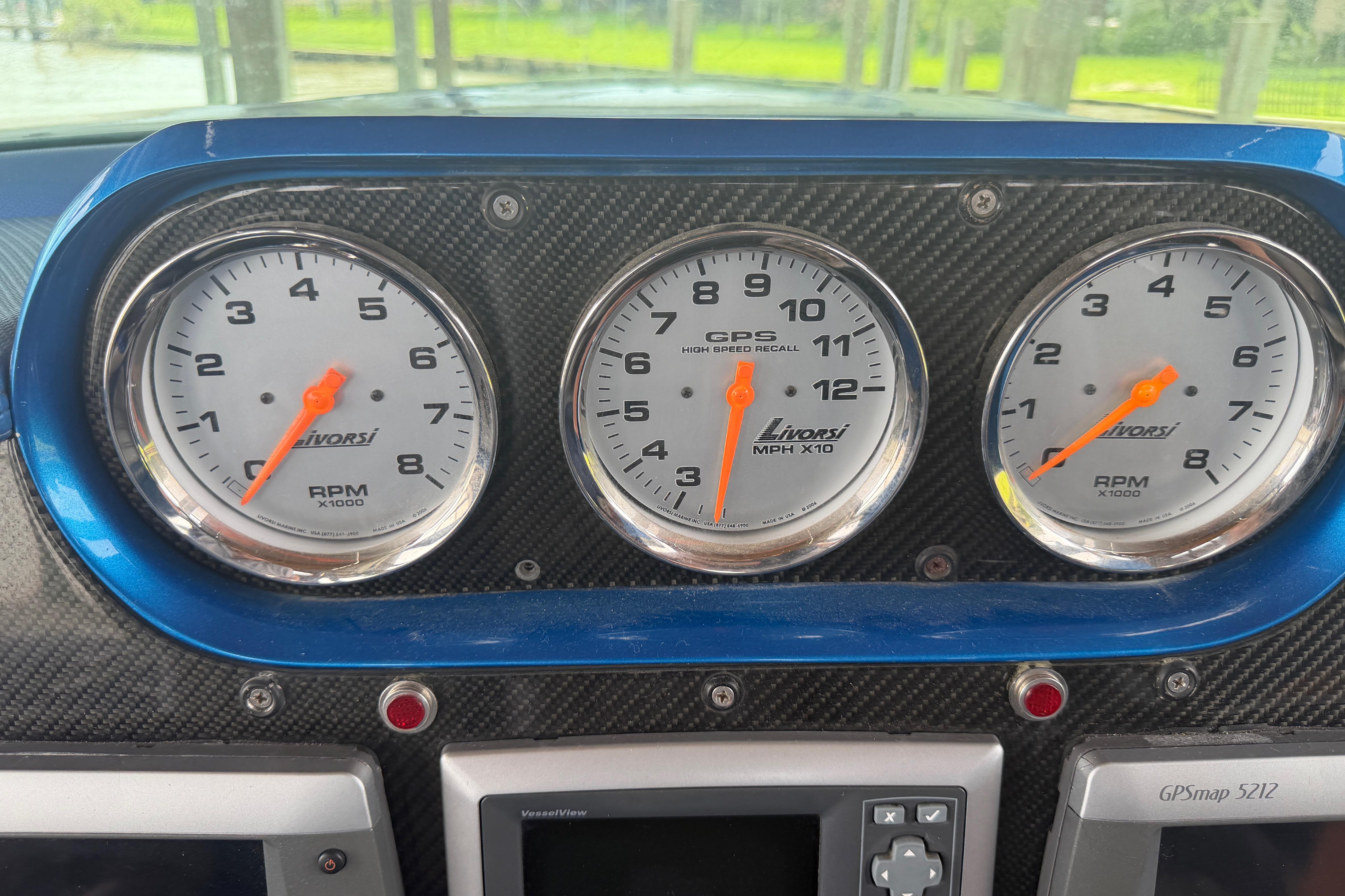 Dashboard of 2013 Nor-Tech 477 SPX Vee Bottom with Livorsi gauges and GPS display.