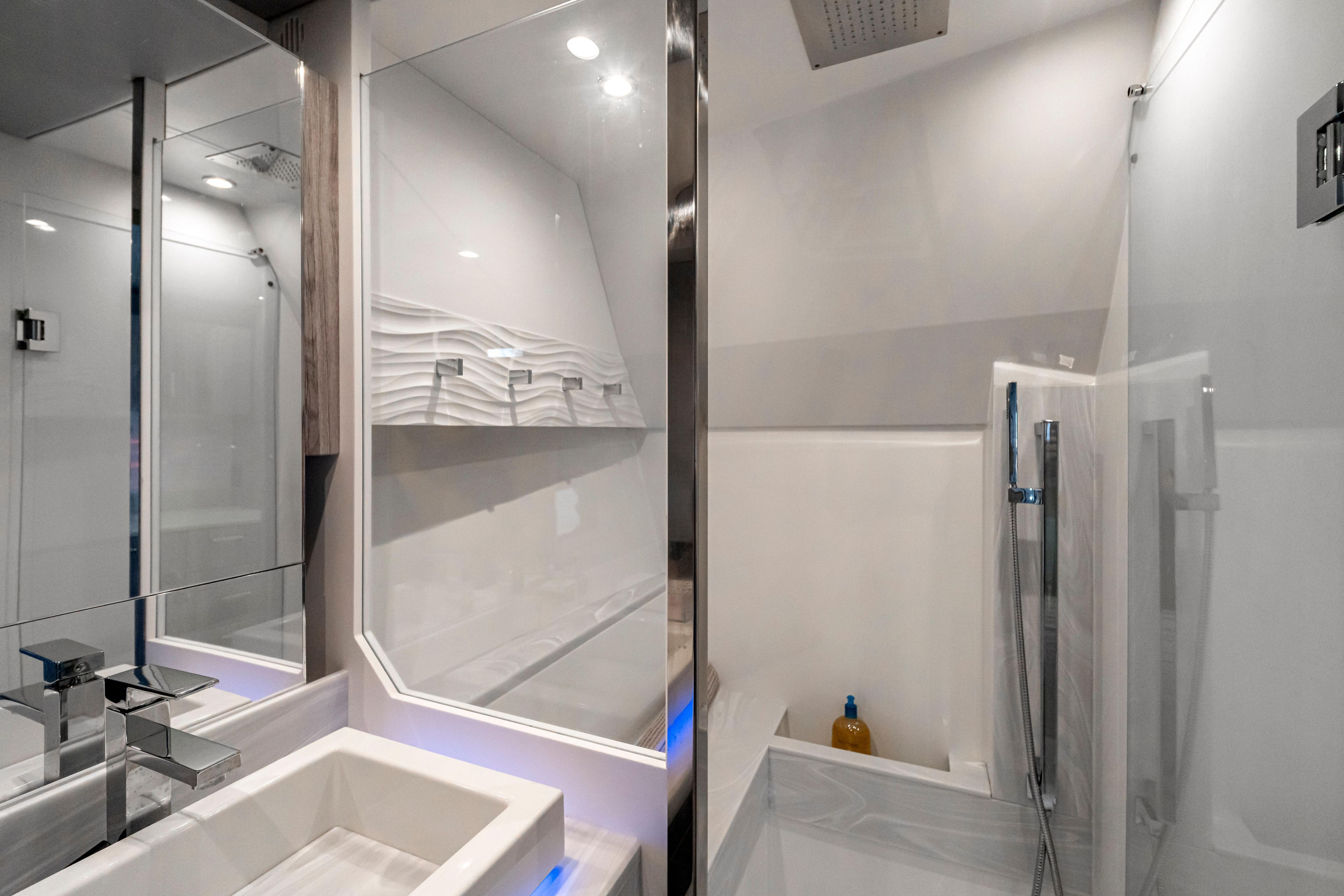 Luxurious bathroom interior of 2022 Formula 500 Super Sport Crossover yacht.
