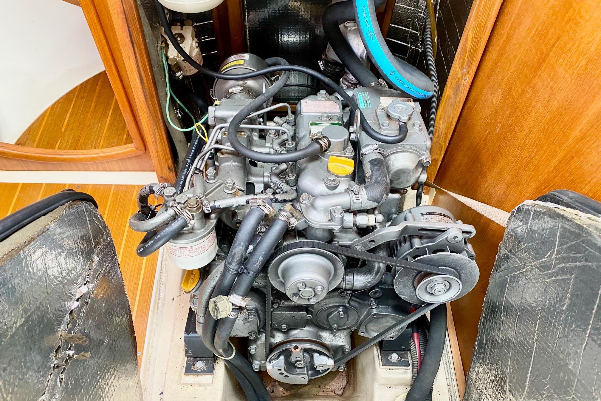 2003 Hunter 386 engine compartment with visible components and wiring.