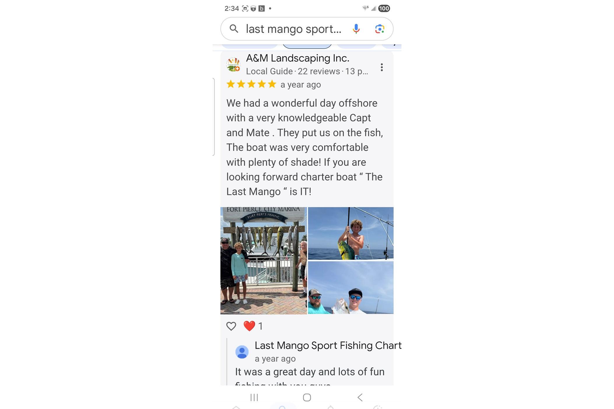 Google search results for 'Last Mango Sport Fishing' with customer reviews and fishing photos.
