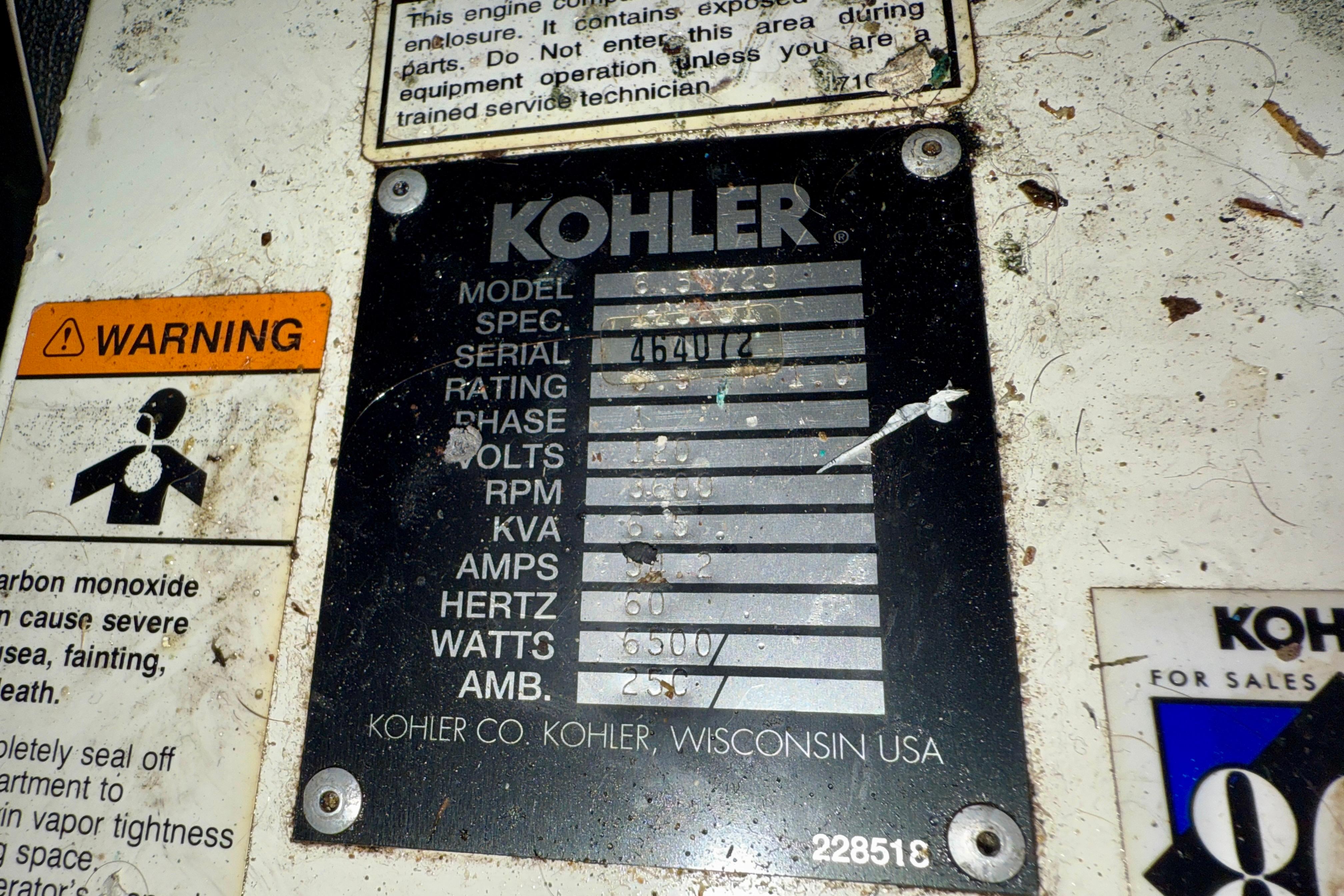 Kohler generator label on 1997 Carver 355 Aft Cabin Motor Yacht, showing specifications and warning signs.