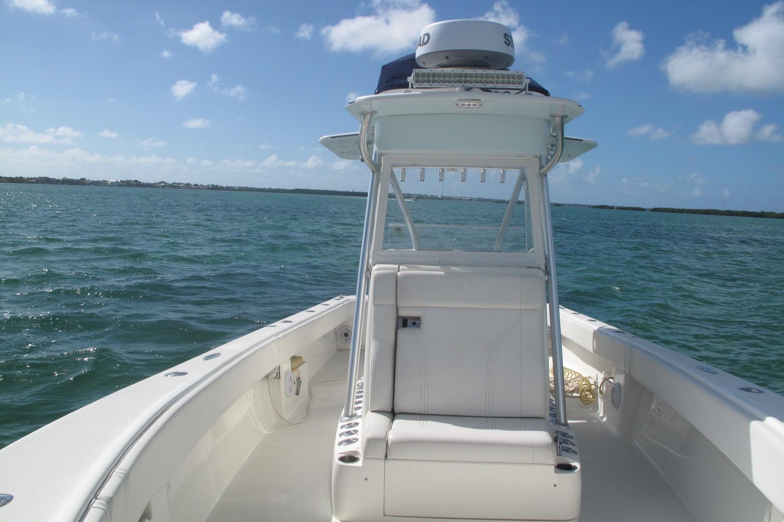 2017 SeaVee 340B boat on open water under clear blue sky.