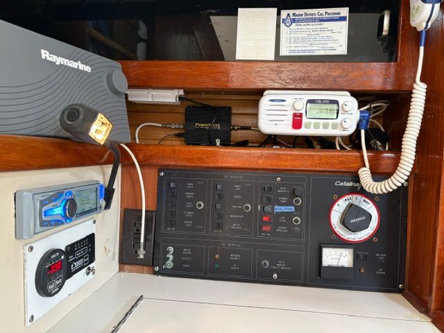 The image shows the control panel of a 1989 Catalina 34 with various navigation equipment.