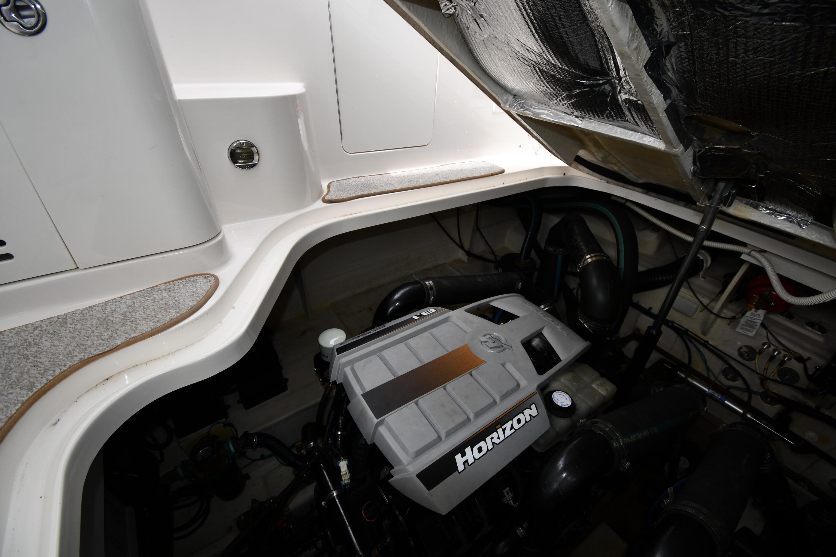 Engine compartment of 2008 Sea Ray Sundancer 350 with Horizon engine visible.