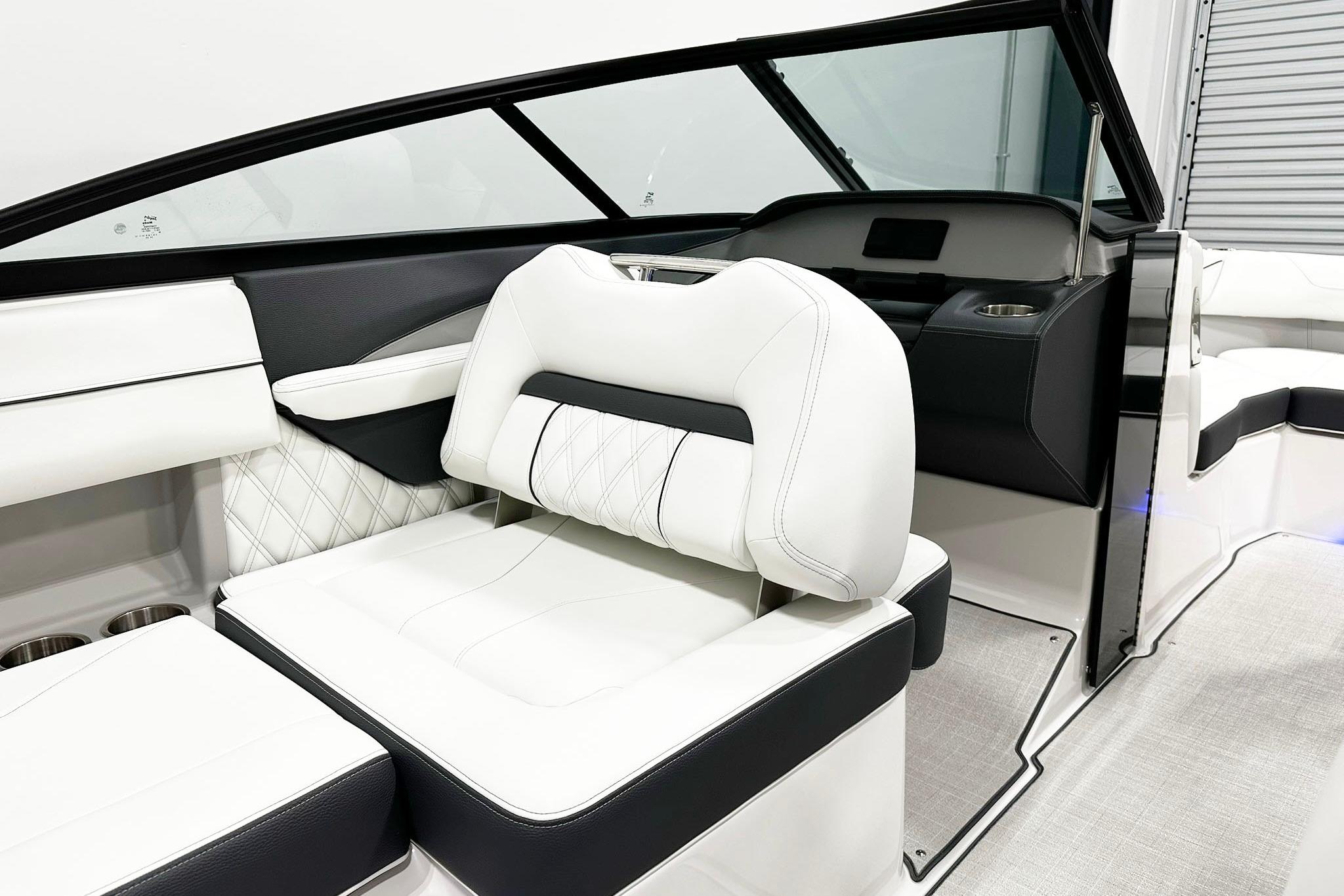 2025 Regal LS2 boat interior with luxurious white seating and modern design.