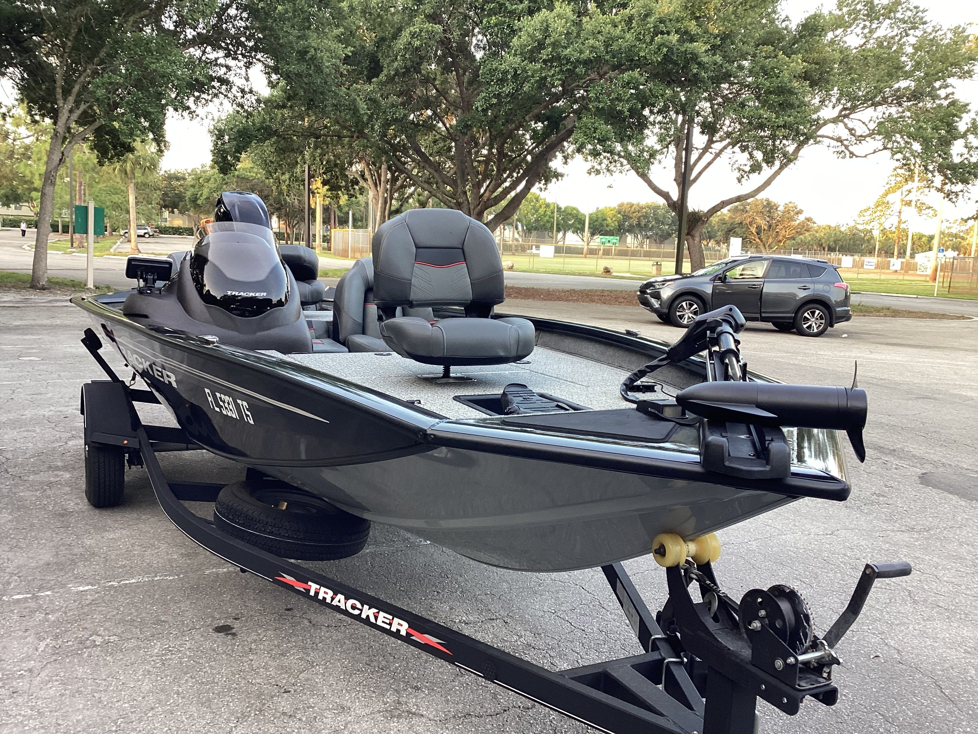 2023 Tracker PRO boat parked on trailer outdoors.