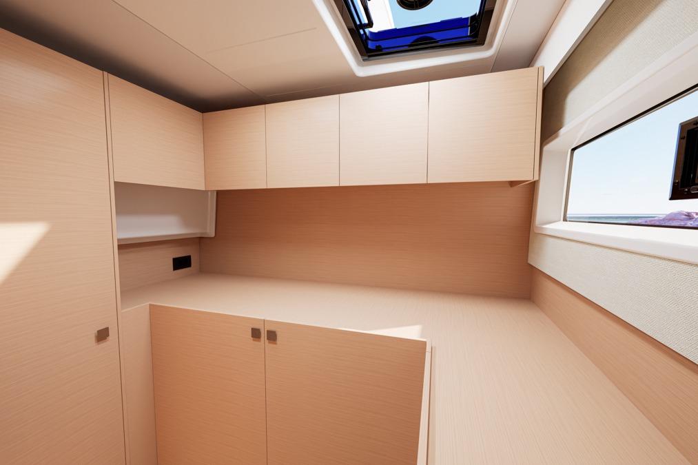 Interior of Lagoon 47 yacht, 2026 model, featuring modern wooden cabinetry.