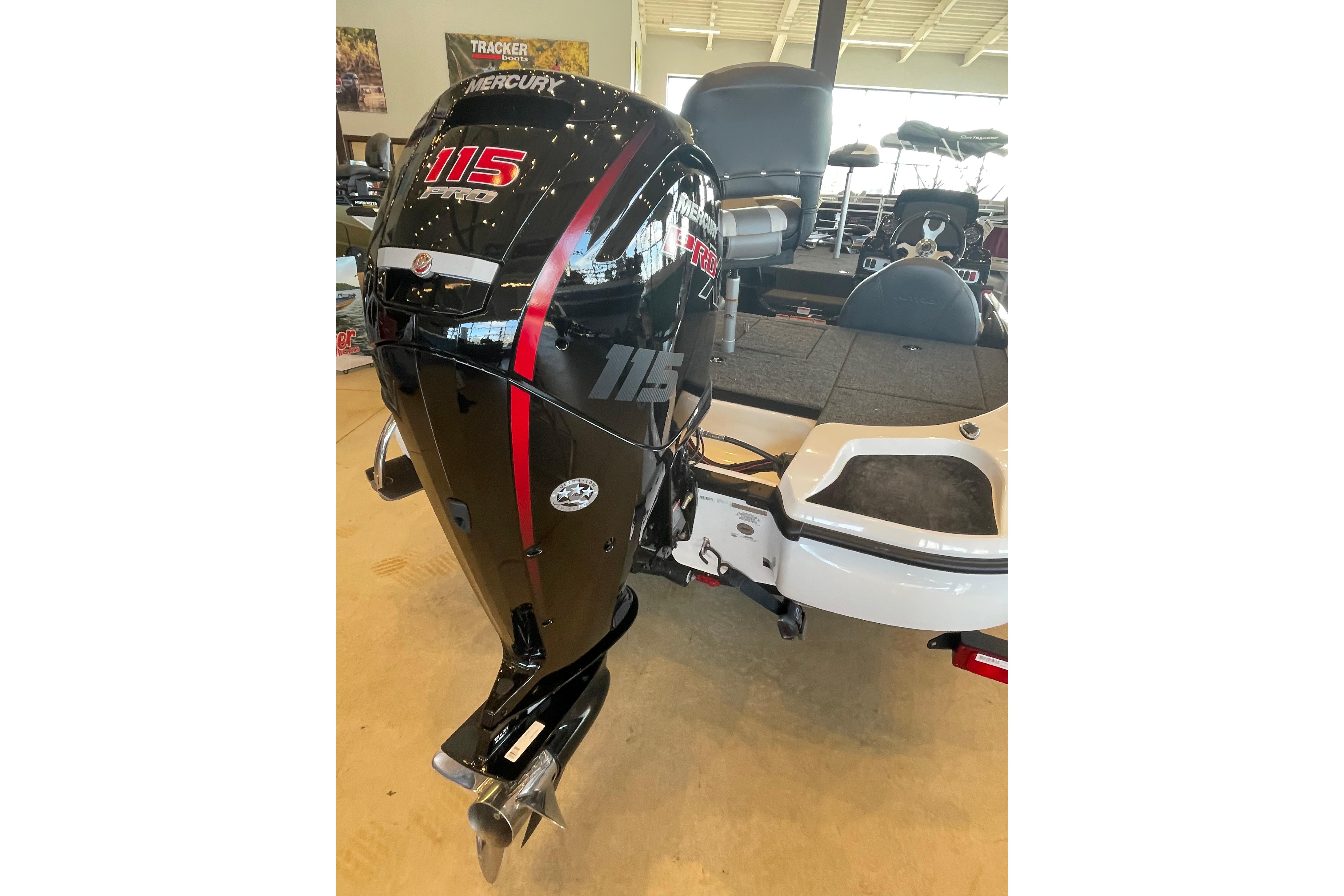 2026 Nitro Z17 boat with Mercury 115 Pro XS outboard motor in showroom.