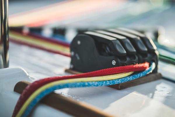 Close-up of colorful ropes on Vision 444 sailboat, 2025 model.