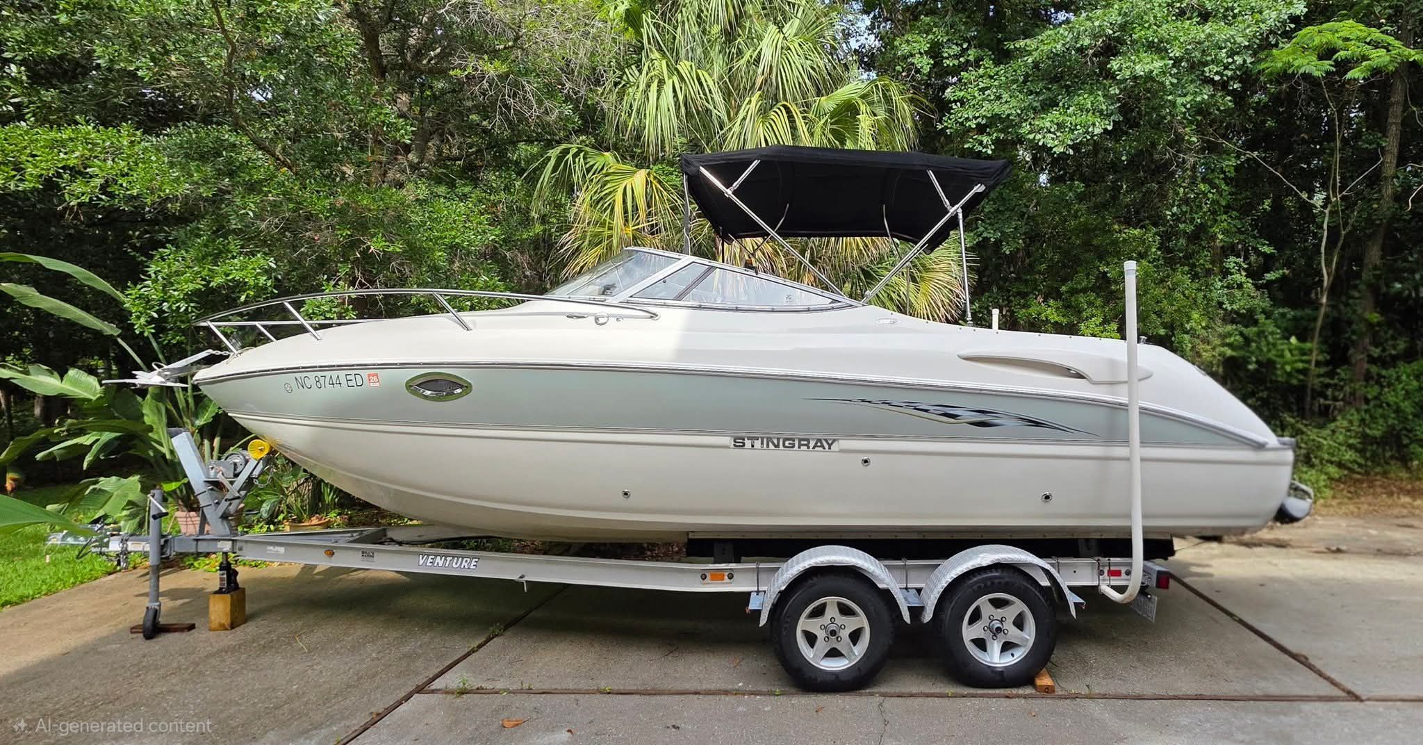 A 2006 Stingray 250 CR on a trailer, surrounded by lush greenery.