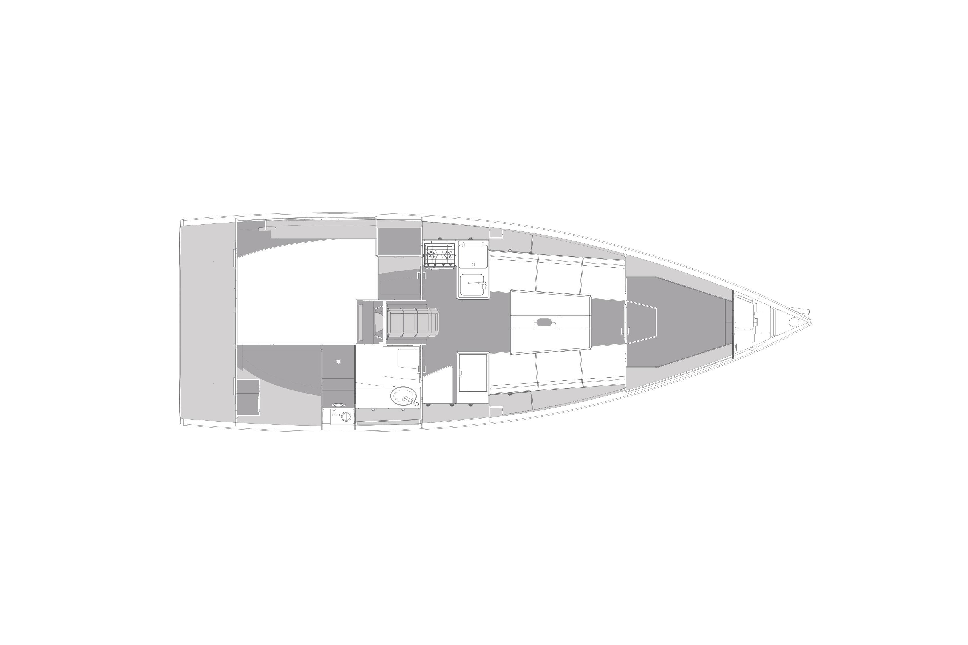 Floor plan of 2020 Elan E3 sailboat, showcasing interior layout and design.
