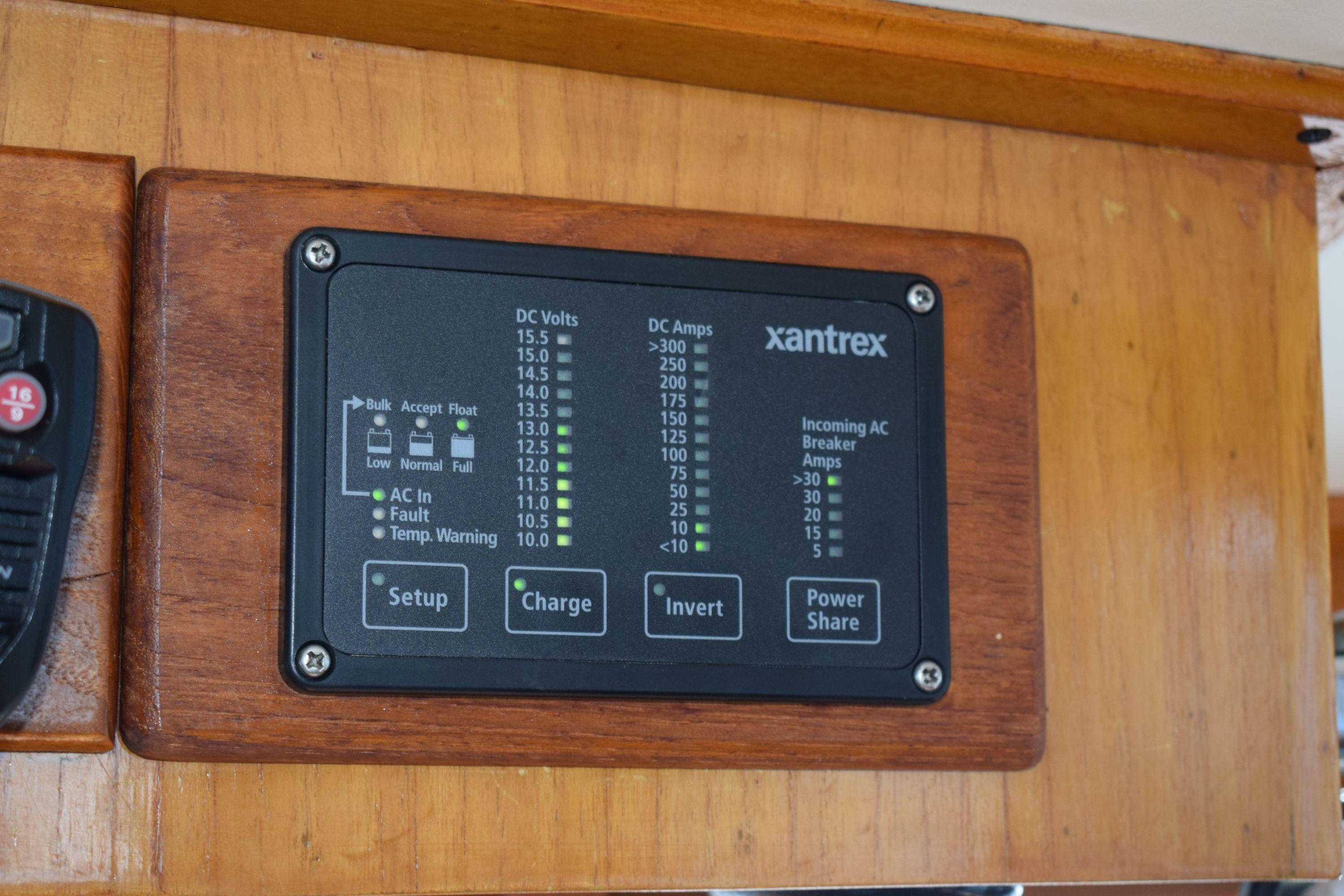Xantrex power control panel on 1980 Cheoy Lee 52 Motorsailer, displaying voltage and amperage.