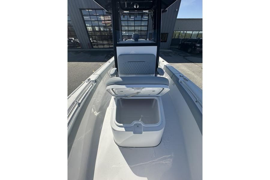 2026 Sportsman Masters 247 Bay Boat interior with open storage compartment.