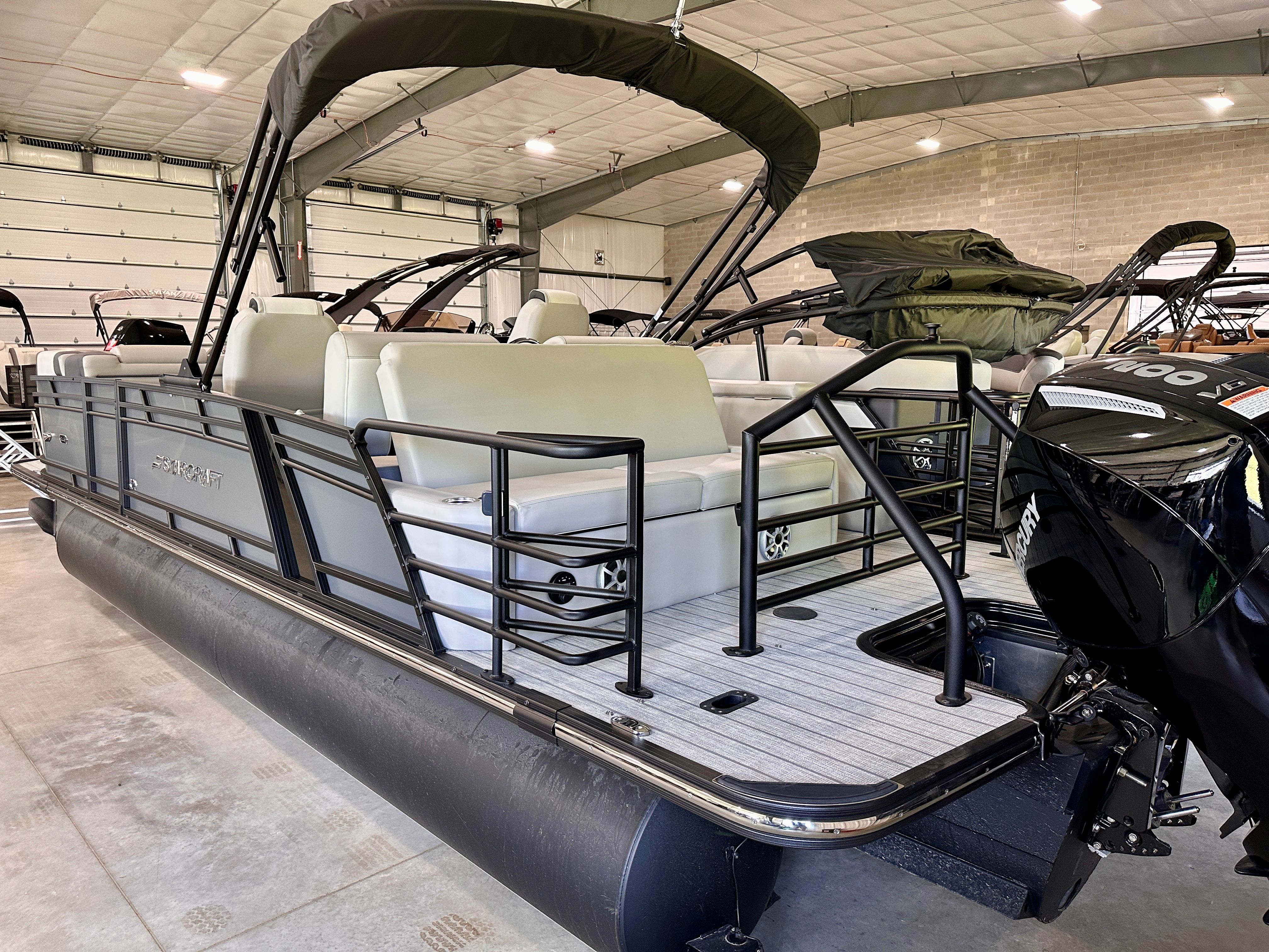 2026 Starcraft SLS 3 Q DH pontoon boat in warehouse.