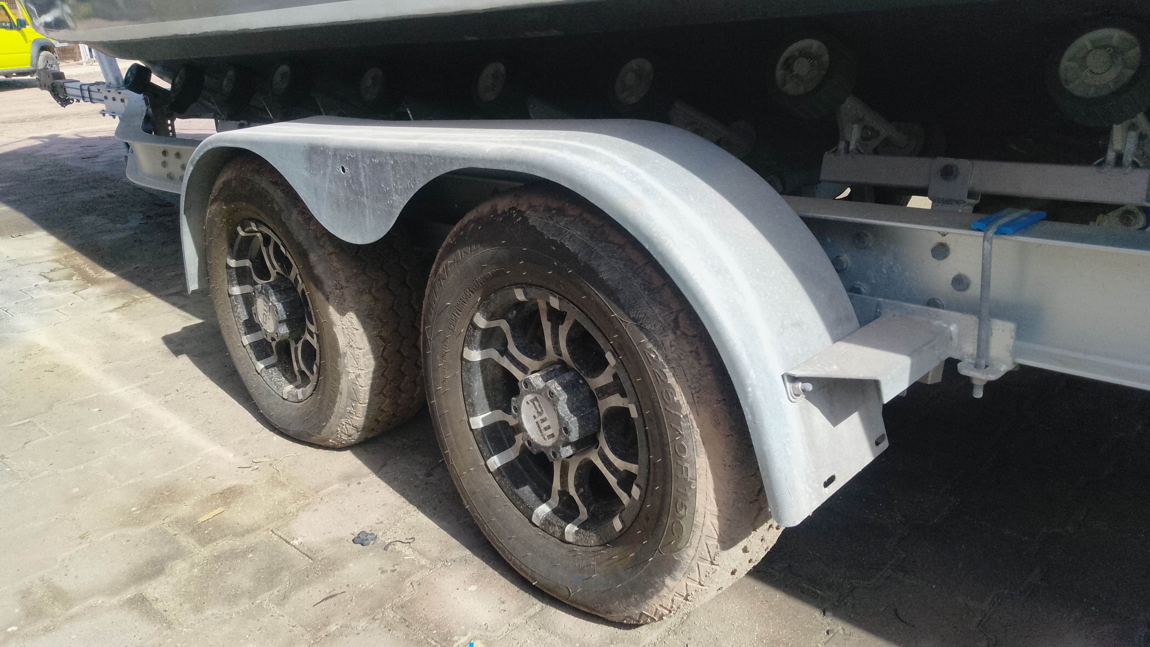Trailer wheels of a 2024 Gospel Boat 7.5M.