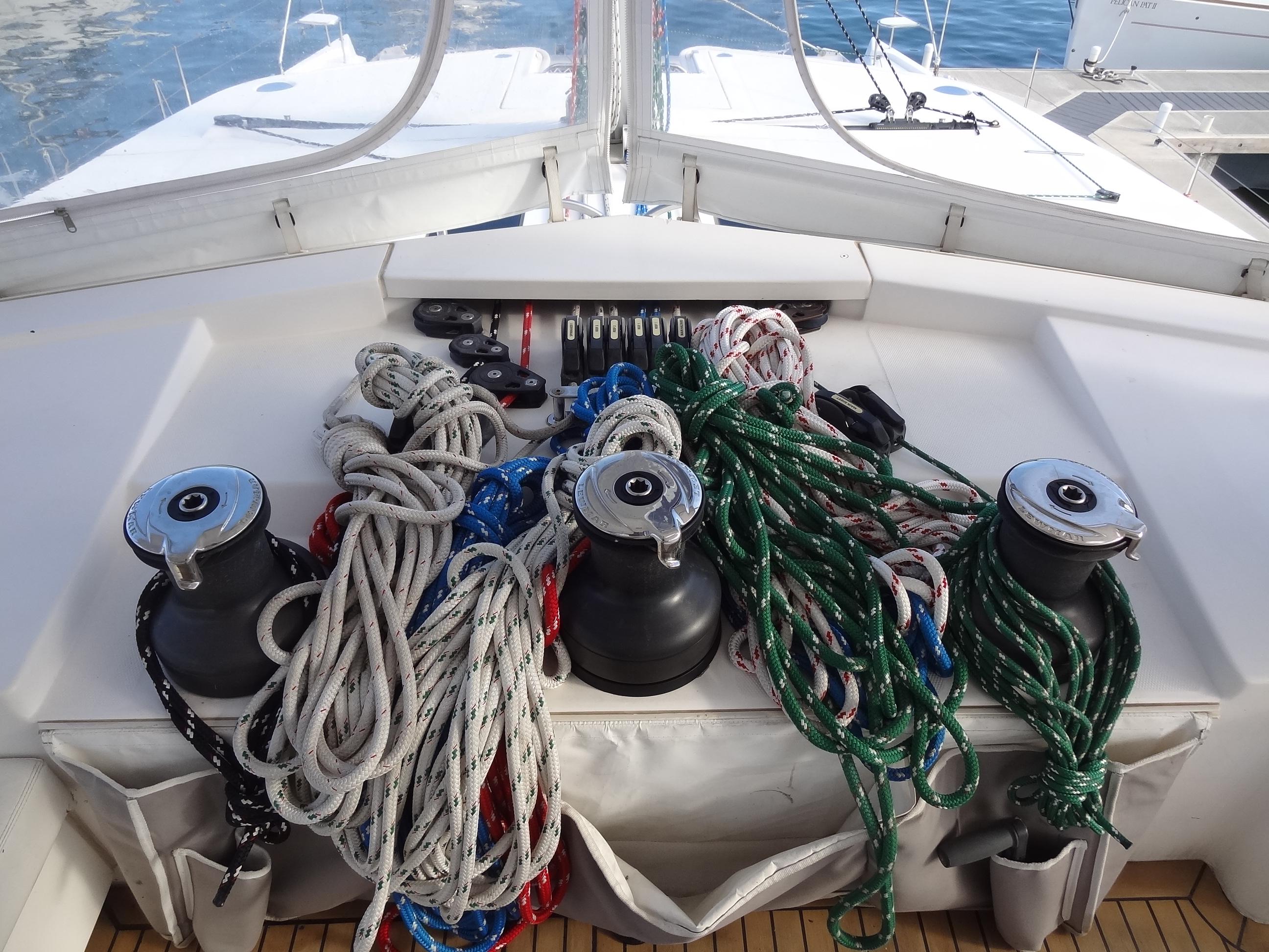 Sailing ropes and winches on a 2014 Leopard 58 catamaran.