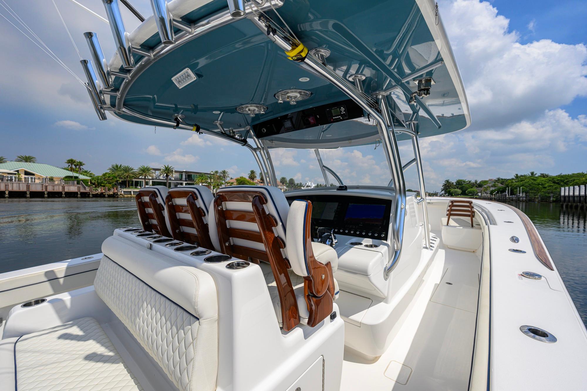 2020 Valhalla Boatworks V-41 interior with luxurious seating and modern helm design.