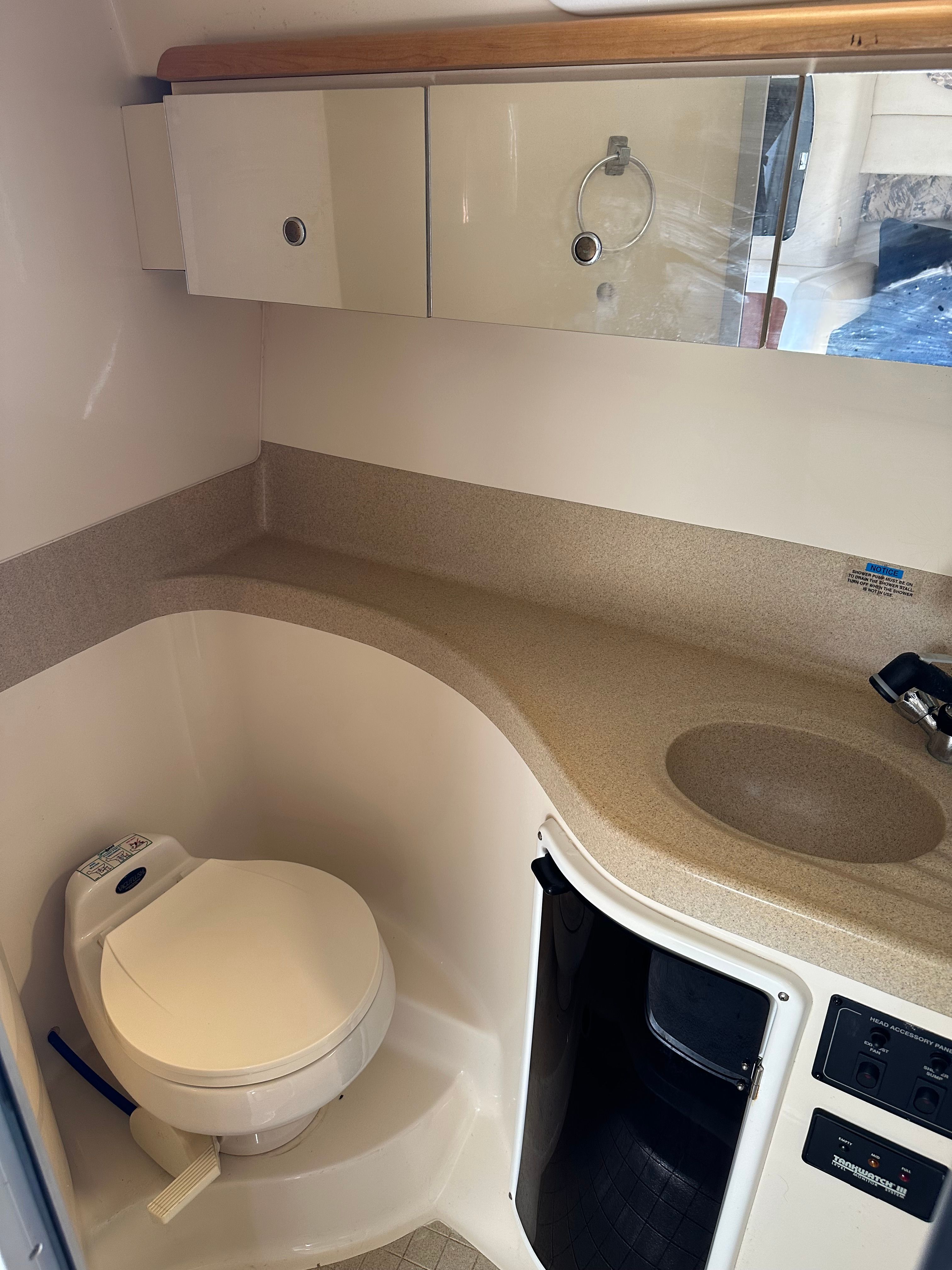 Interior of a 1999 Wellcraft 3000 Matrinique yacht with toilet and sink.