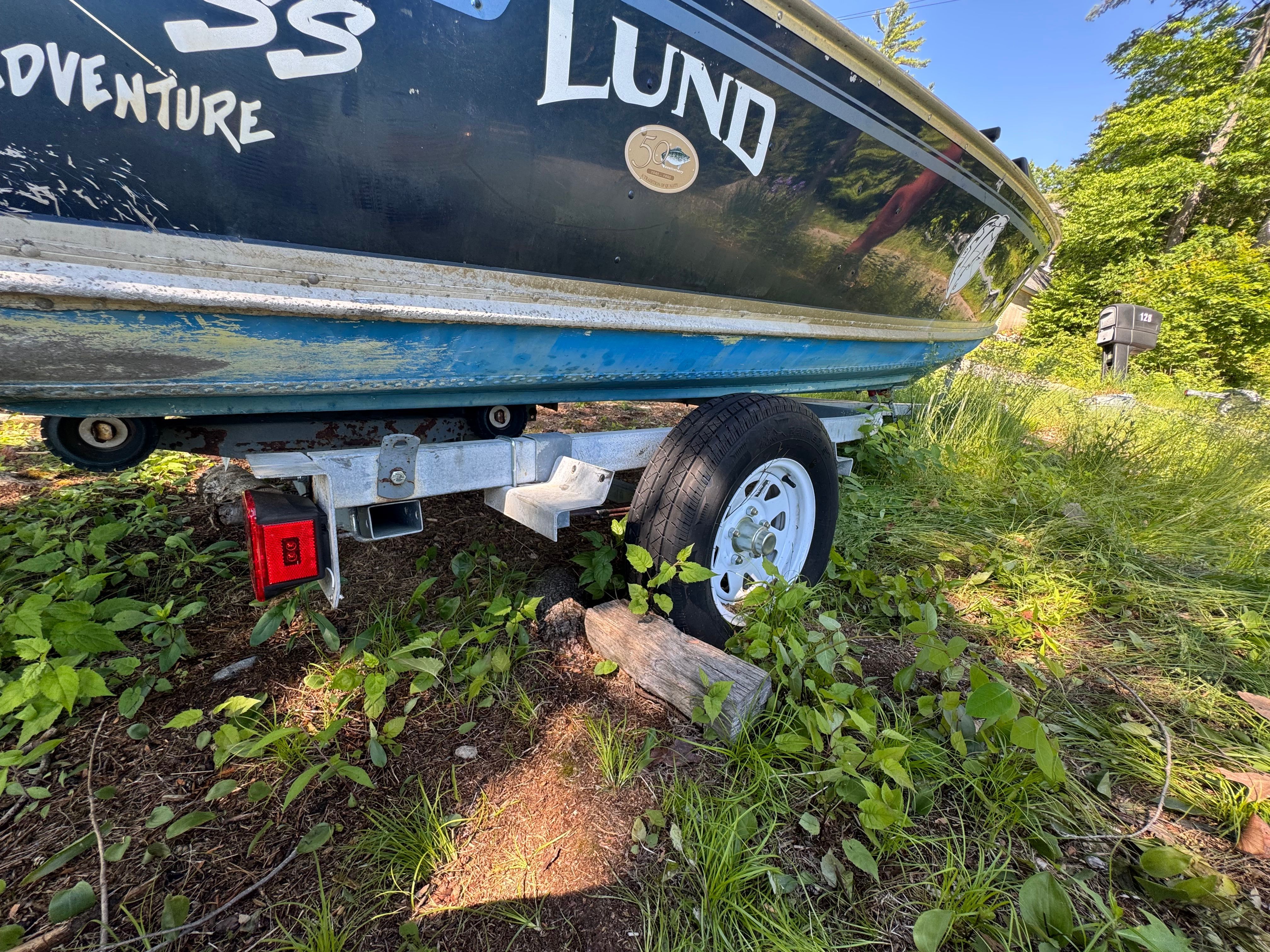 A boat on a trailer in the grass, surrounded by plants.