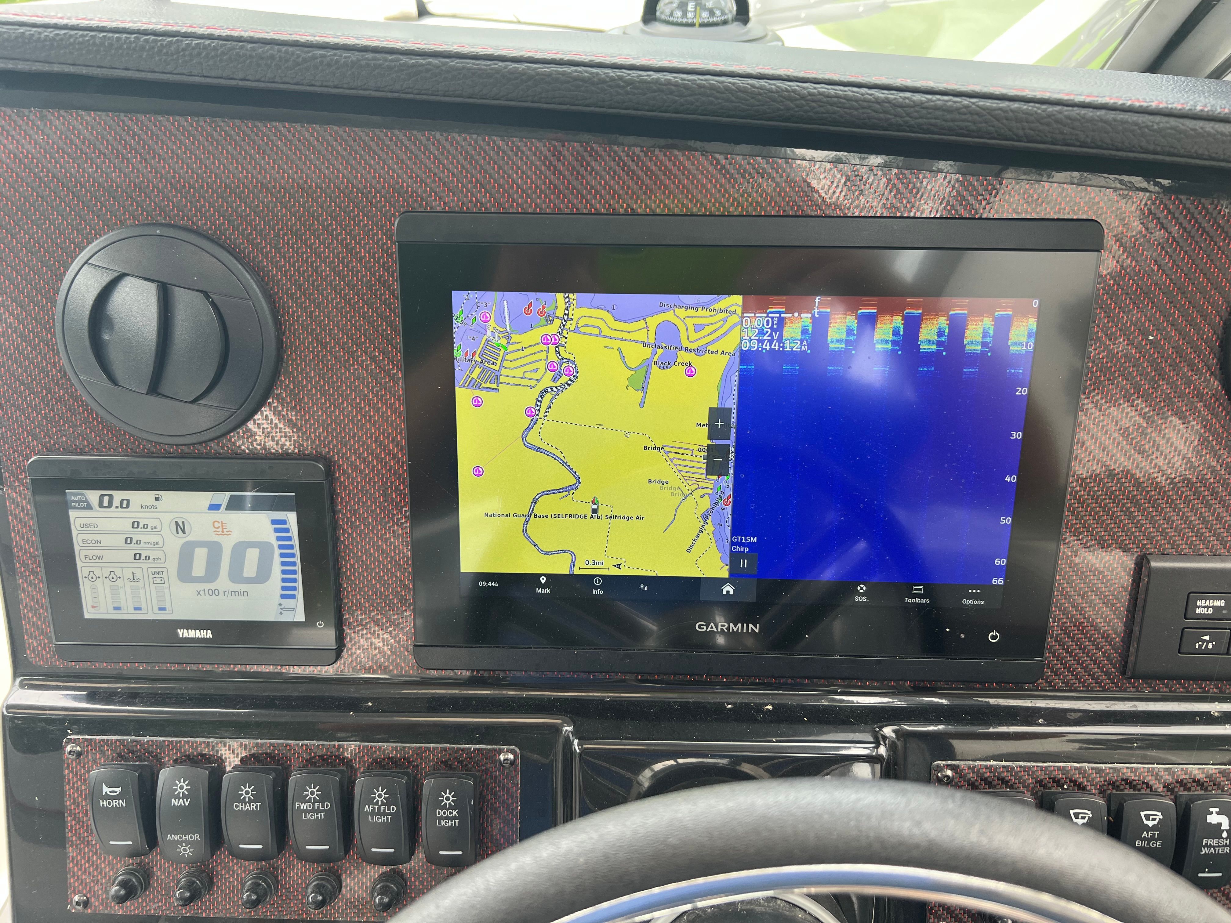 Dashboard of 2023 Solara S 250DC with Garmin navigation system.