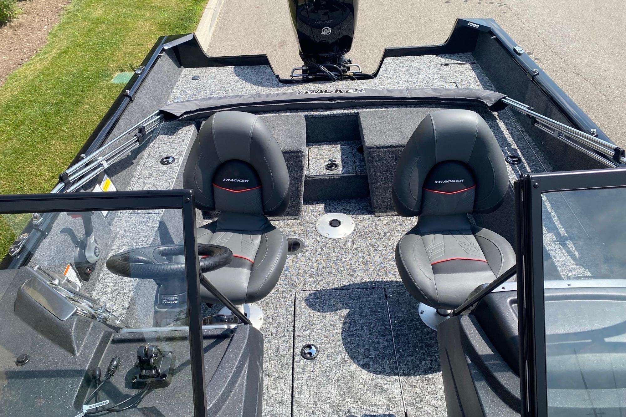 2026 Tracker Pro Guide V-175 Combo boat interior with dual seats and steering console.