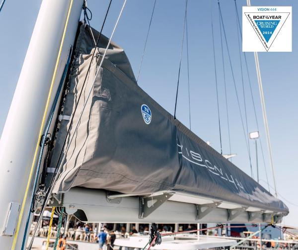 Vision 444 sailboat, 2025 model, awarded Boat of the Year 2024, docked at marina.