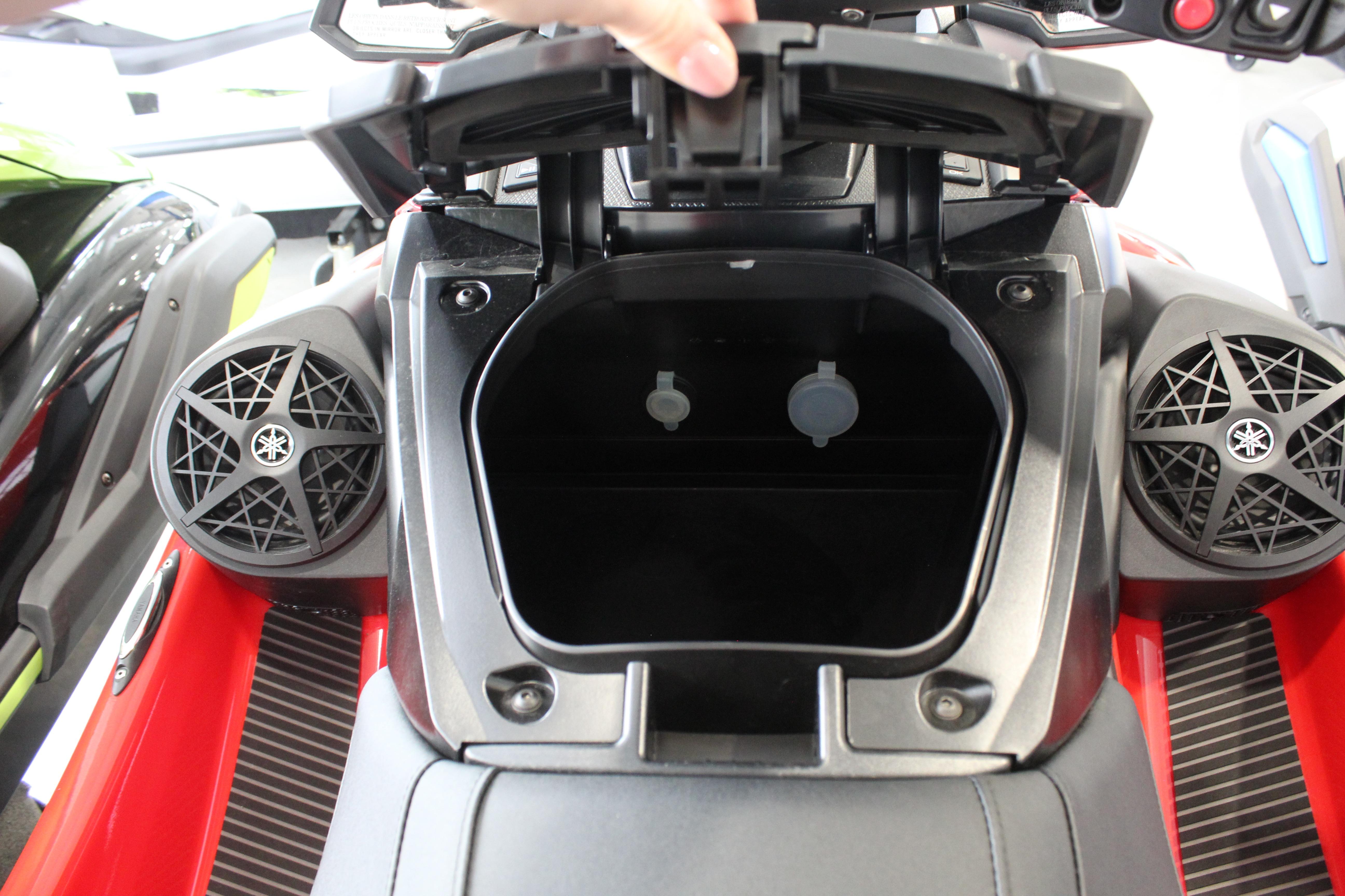 2026 Yamaha WaveRunner VX Cruiser storage compartment with speakers, open for viewing.