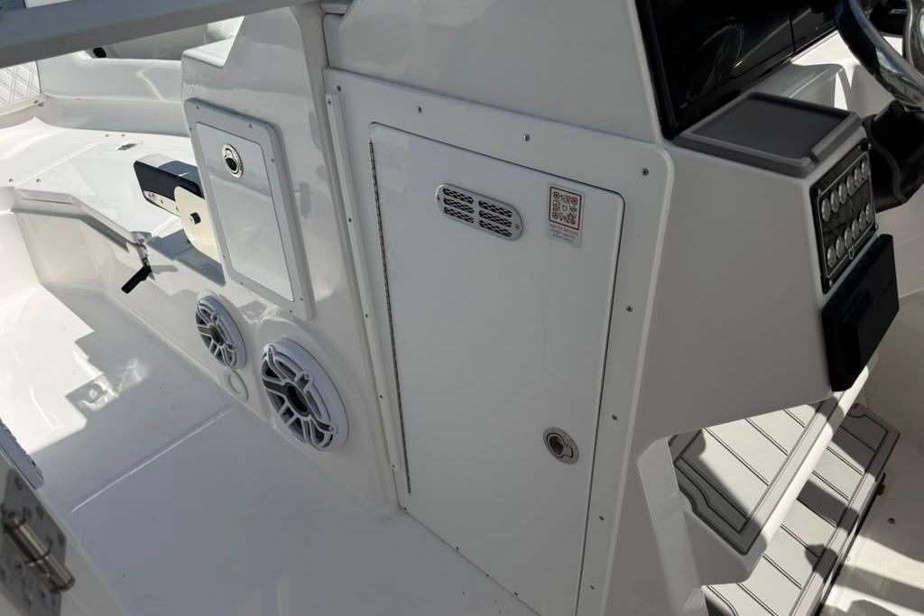 2026 Sea Fox 288 Traveler boat interior with control panel and speakers.