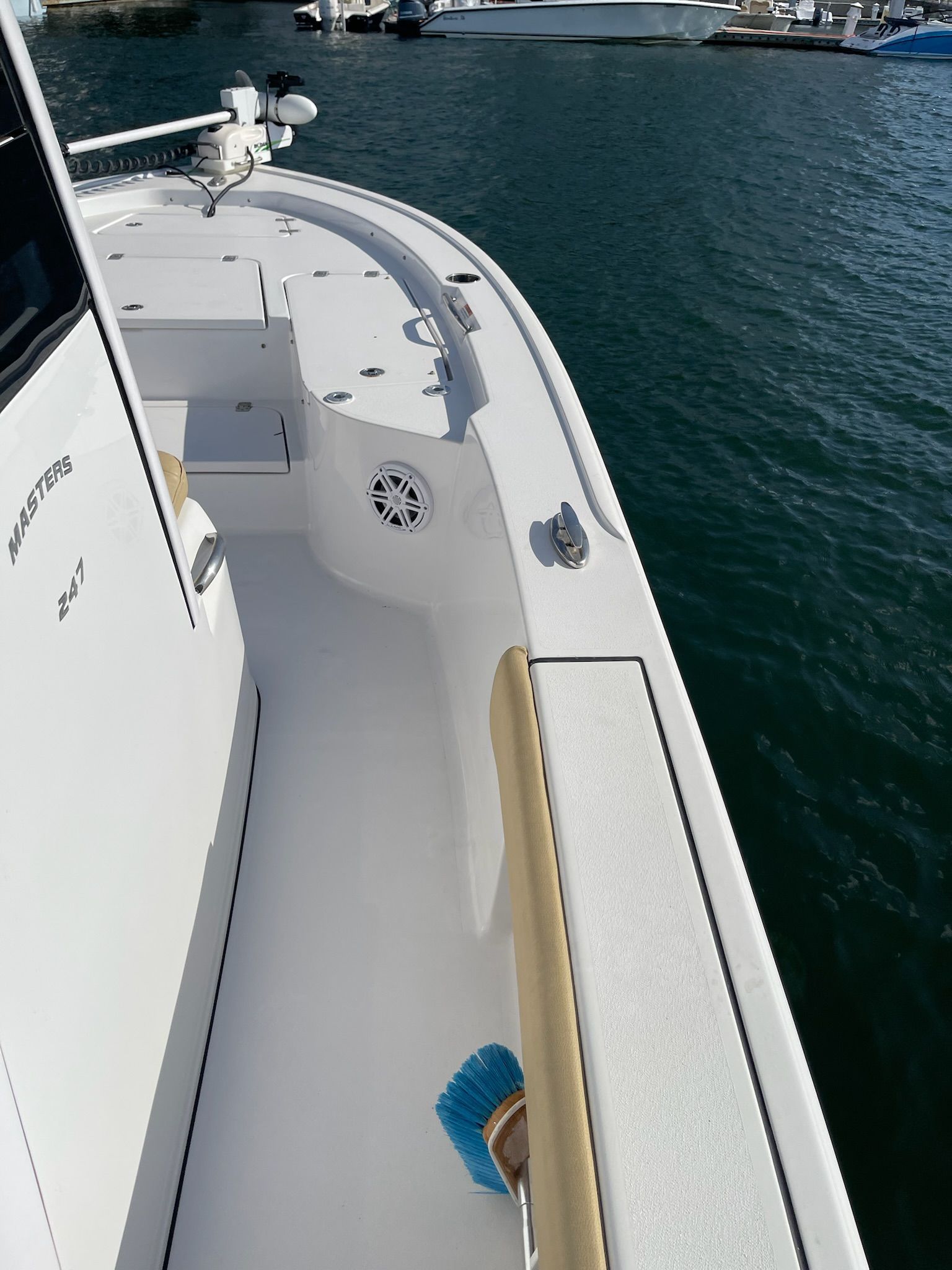 The 2022 Sportsman Masters 247 Bay Boat is on the water. It features a clean, white deck.