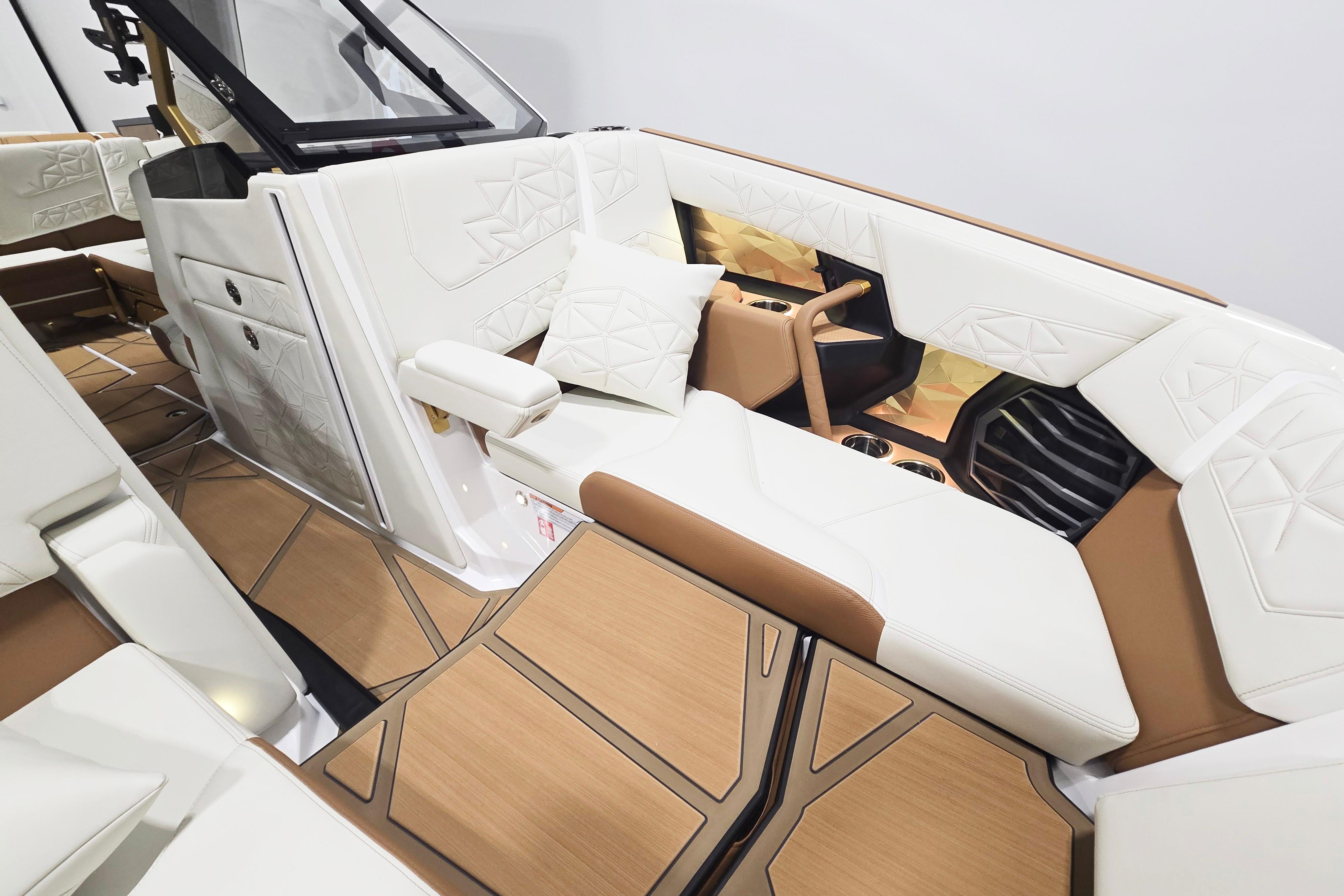 Luxurious interior of 2026 Nautique Super Air Nautique G23 Paragon boat with elegant seating.