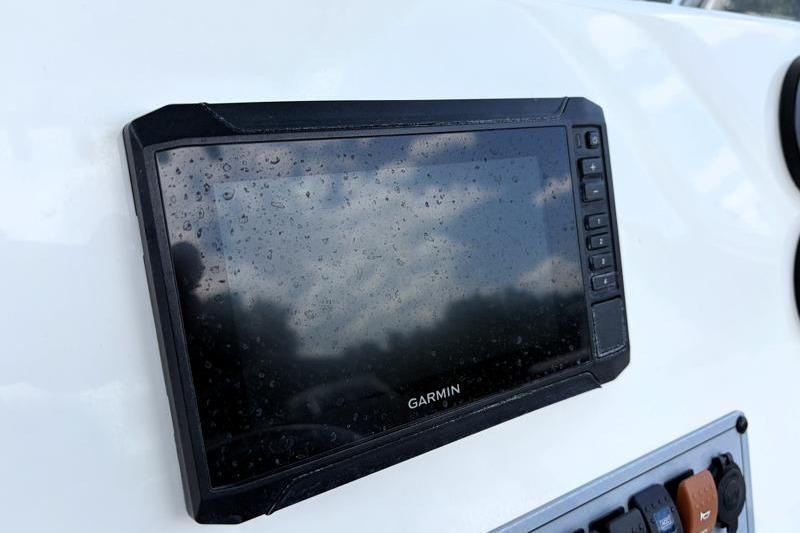 Garmin display on 2025 Key West 210 Bay Reef boat dashboard, showing raindrops.