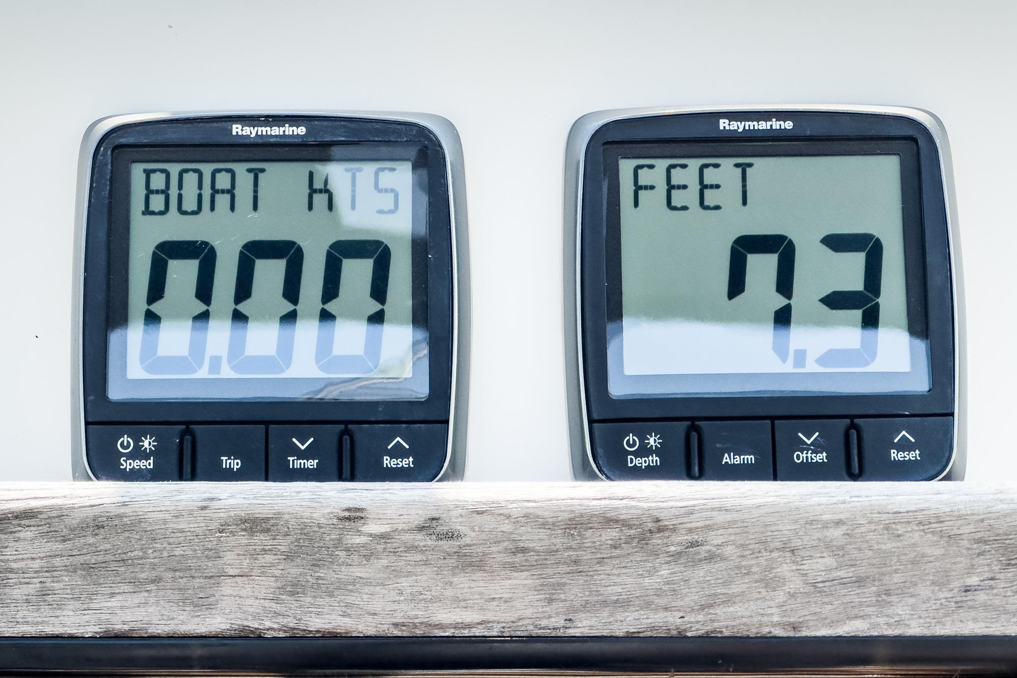 Digital boat instruments displaying speed at 0.00 knots and depth at 7.3 feet, Hunter 33, 2015.
