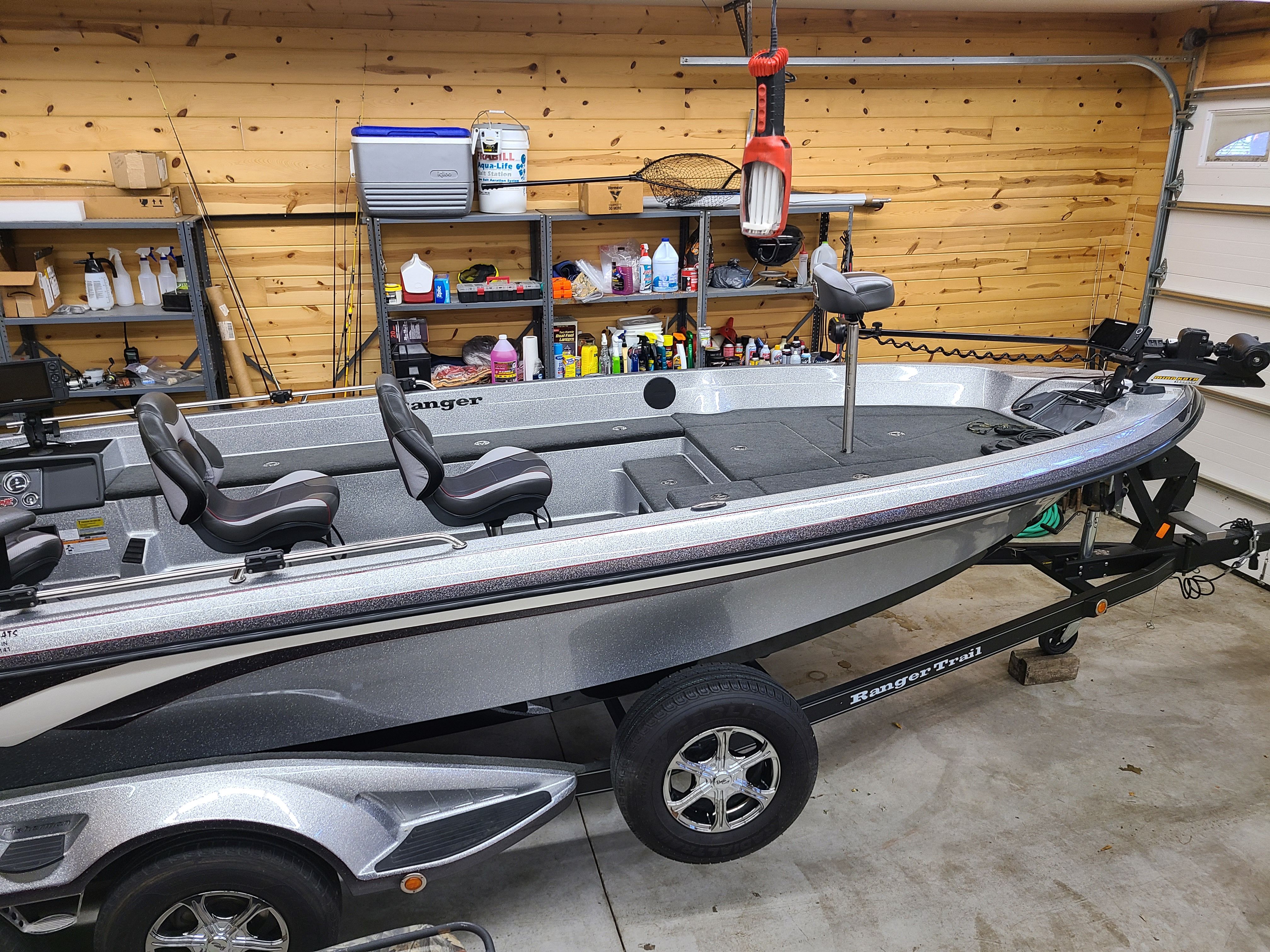 2018 Ranger 620T Fisherman boat in garage on trailer.