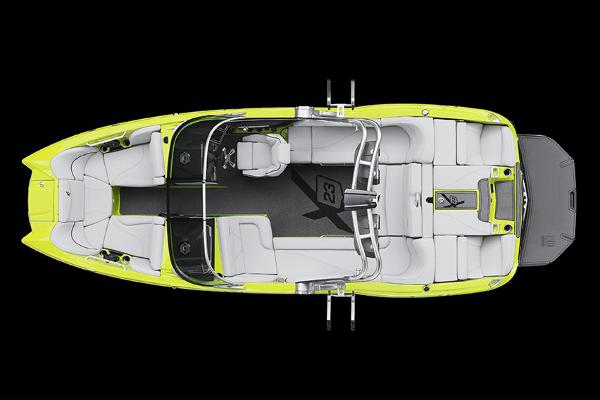 Manufacturer Provided Image: 2018 MasterCraft X23 boat interior, top view, lime green and white upholstery.