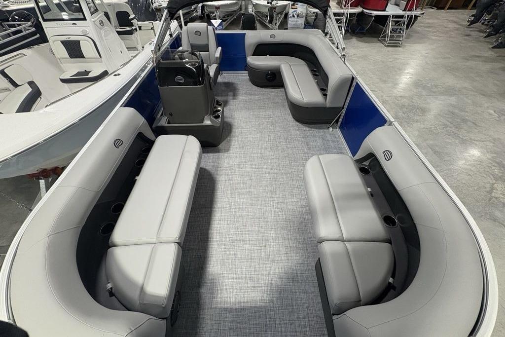2026 Sun Tracker Party Barge 16 DLX interior with spacious seating and modern design.