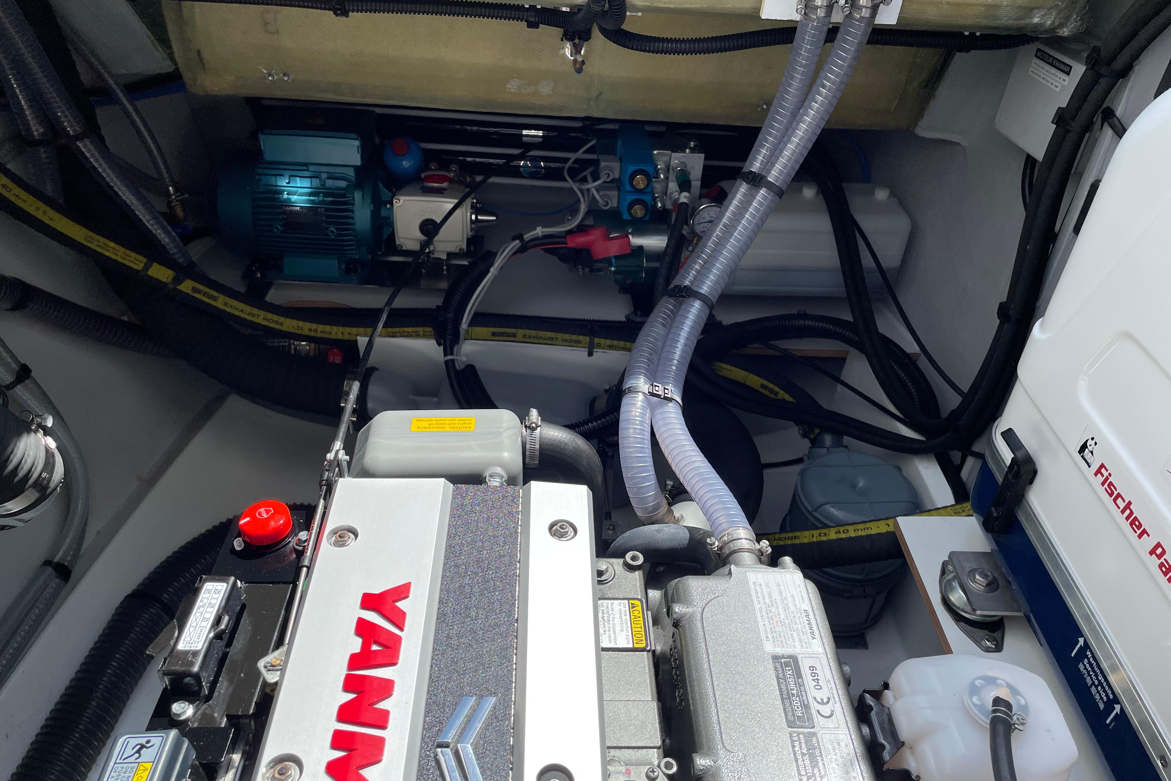 Engine room of a 2020 Fountaine Pajot Saona 47 catamaran with Yanmar engine.