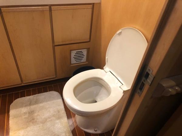 1997 Bertram Convertible bathroom with wooden cabinets and white toilet.