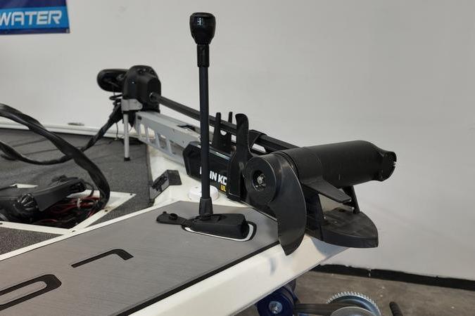 2024 Lowe Stinger 188 boat deck with trolling motor and control handle.