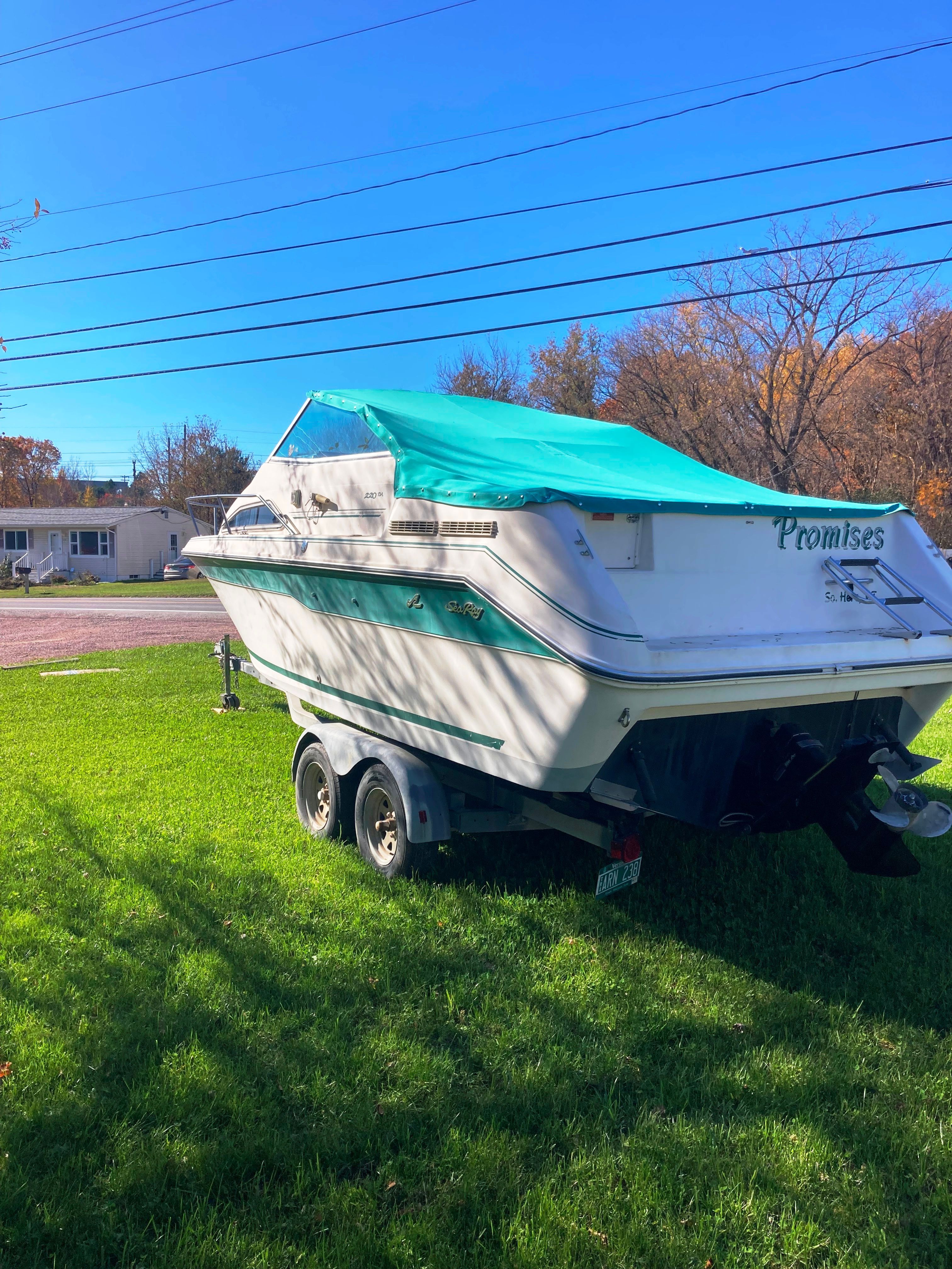 A 1991 Sea Ray 220 Sundancer sits on a trailer on a green lawn.