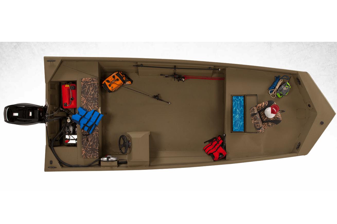 Manufacturer Provided Image: 2025 Lowe Roughneck 1860 Rambler boat interior with fishing gear and life jackets.