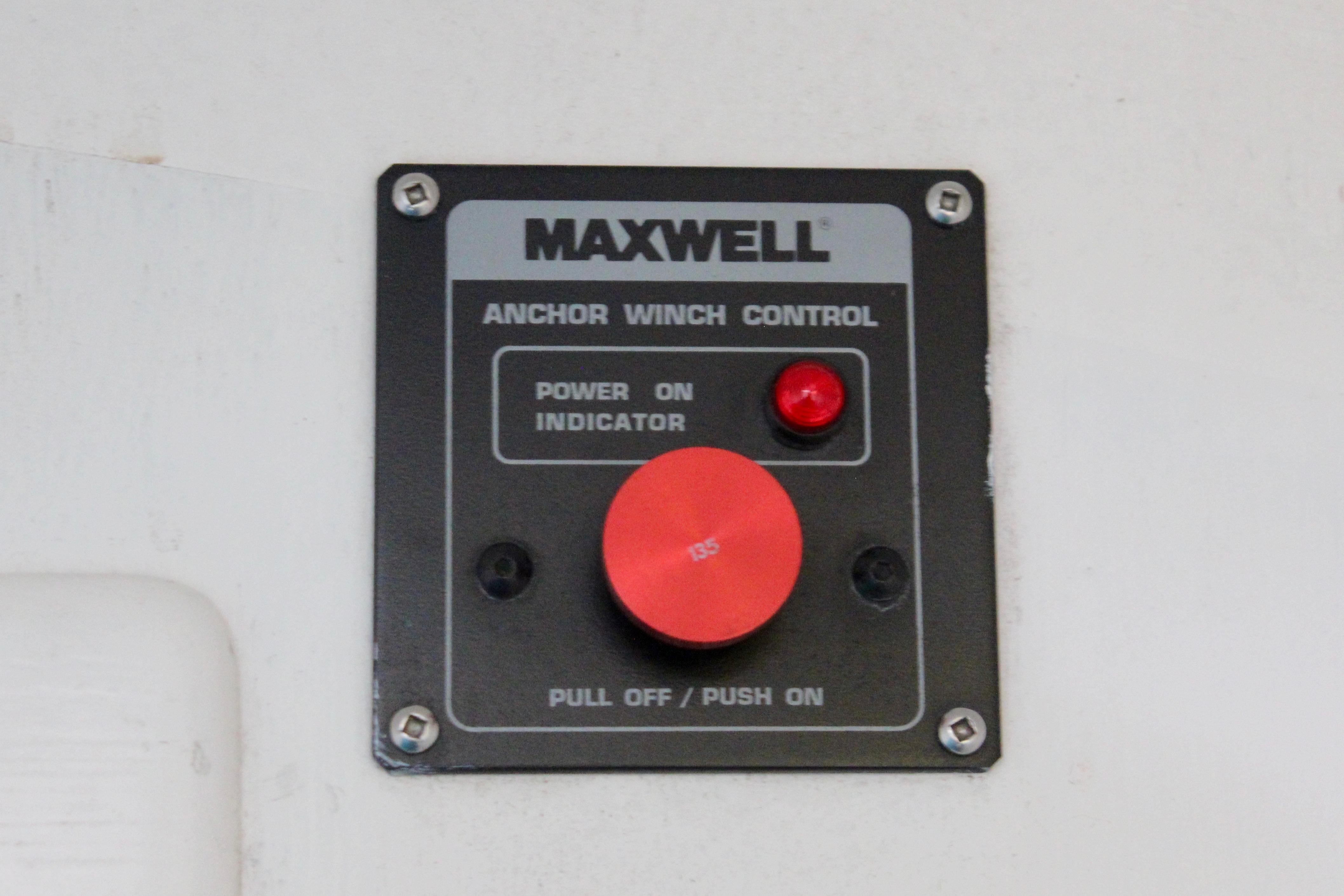 Maxwell anchor winch control panel with red button on Freya 39, 1993 model.