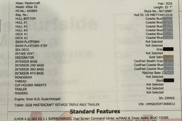 2026 MasterCraft XStar 25 specifications sheet with color options and standard features listed.