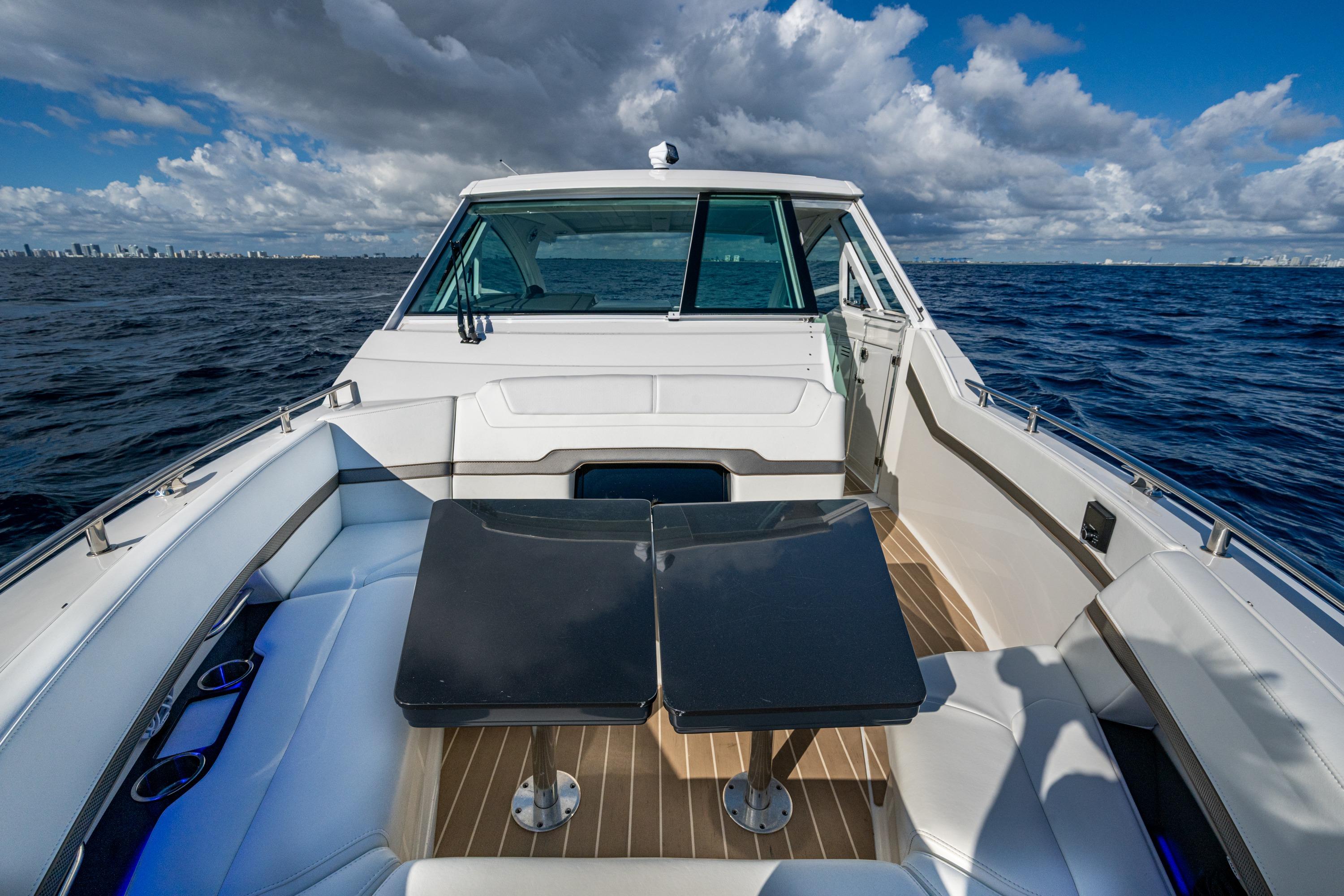 2022 Formula 380 Super Sport Crossover OB on open sea under cloudy sky.