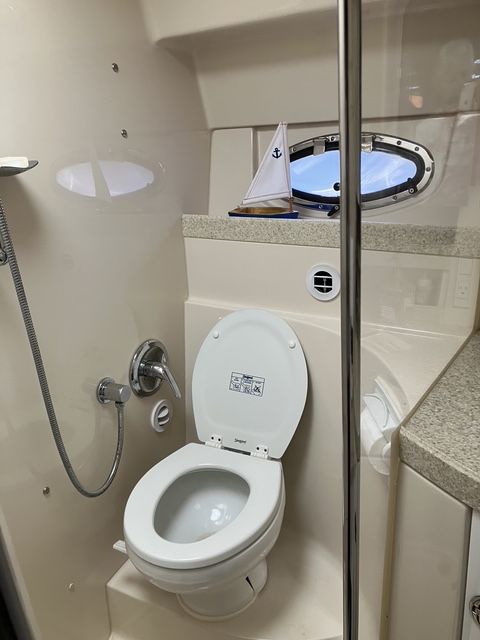 Boat bathroom with toilet and shower, Commodore model 2008.