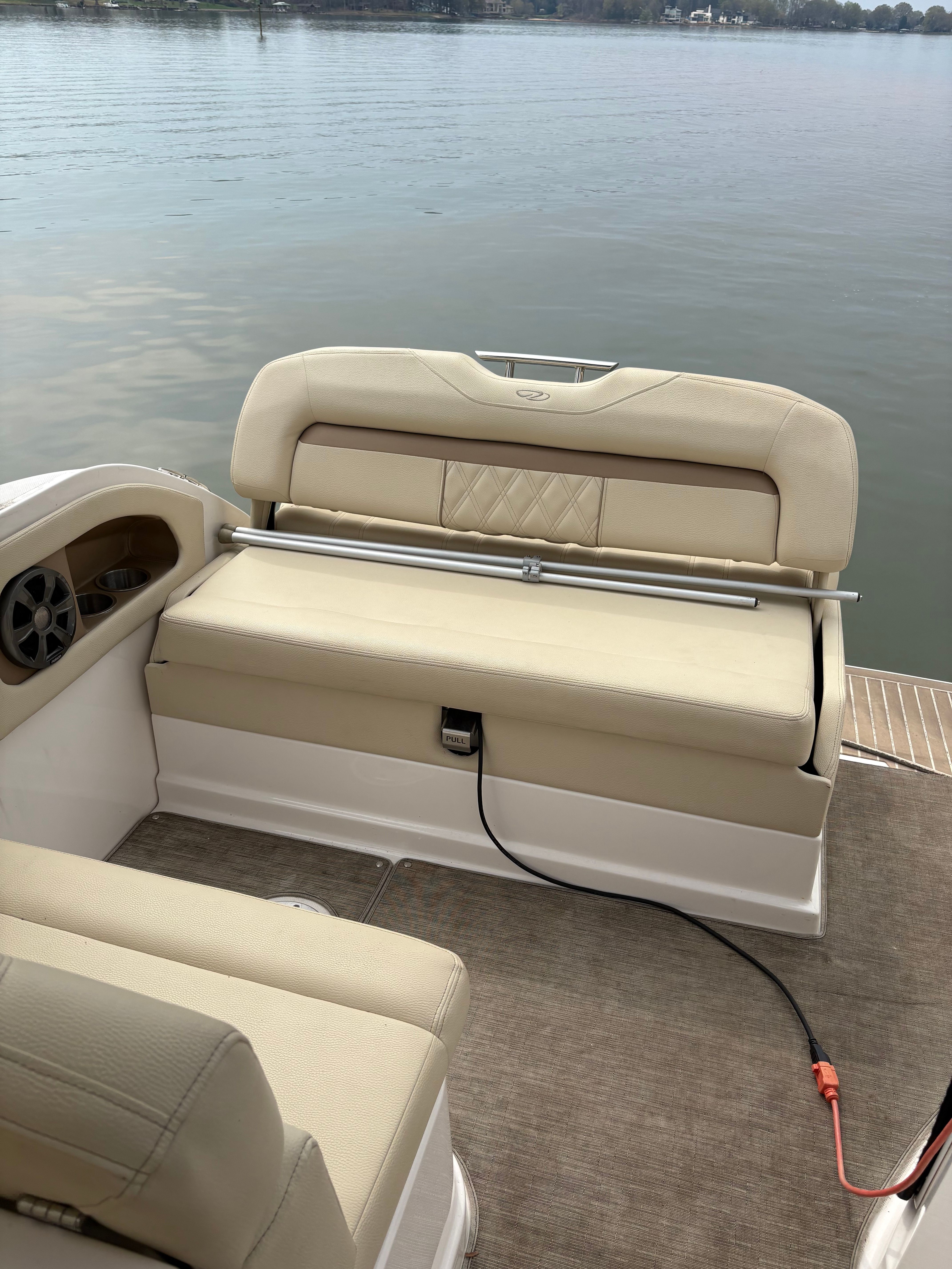Regal 28 Express 2019 boat seating with lake view.